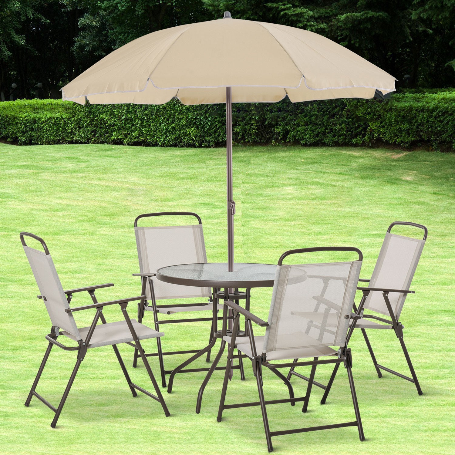 6-Piece Outdoor Dining Set - Round Glass Table, 4 Chairs & Umbrella-DECOROLALA