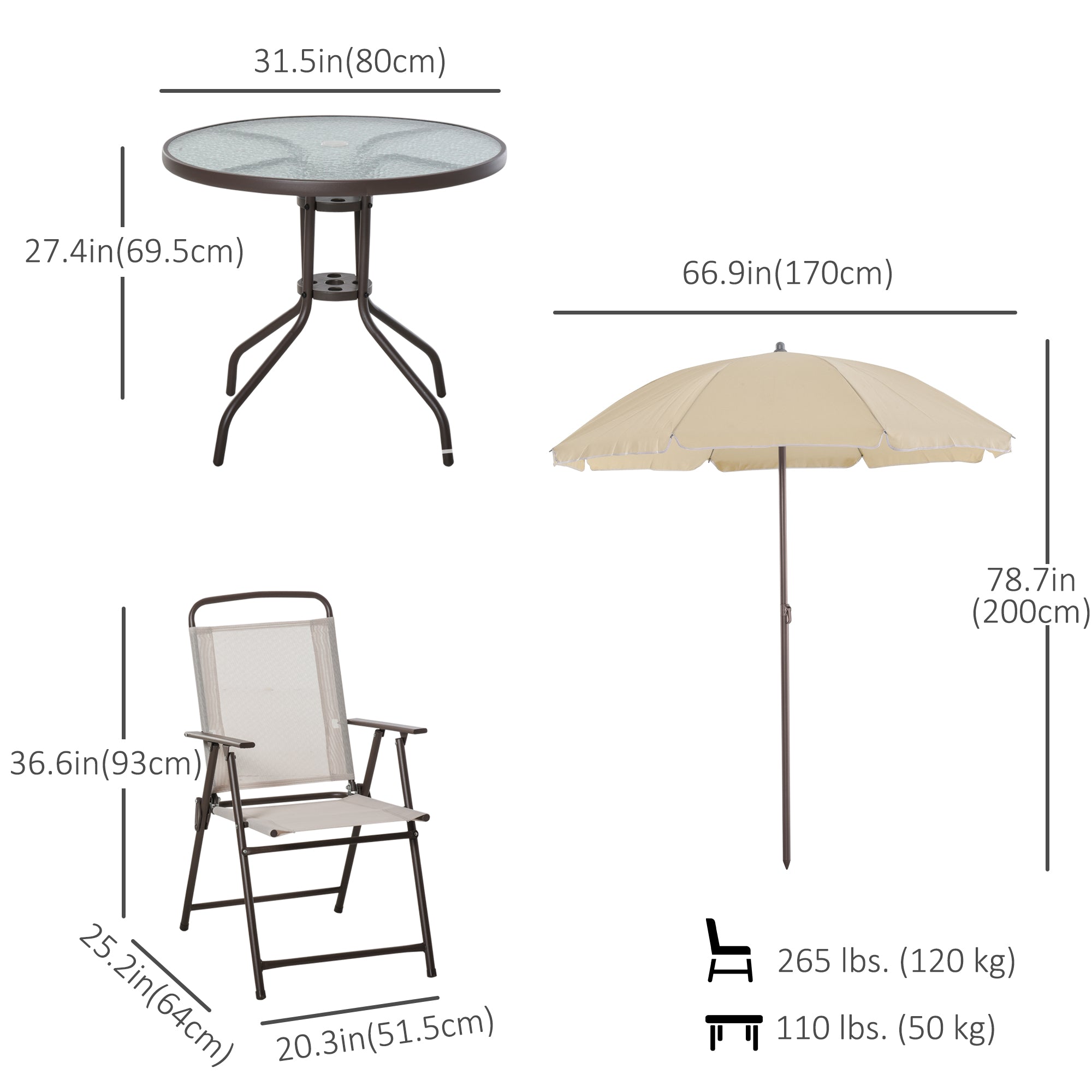 6-Piece Outdoor Dining Set - Round Glass Table, 4 Chairs & Umbrella-DECOROLALA