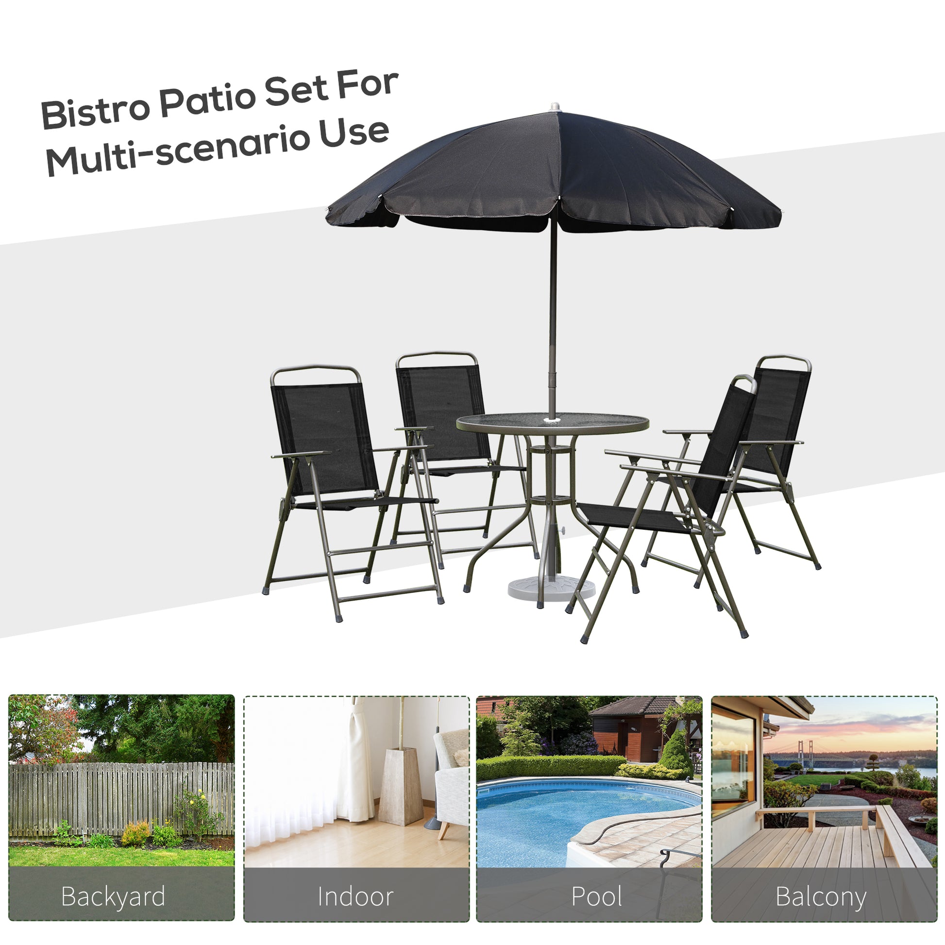 6-Piece Outdoor Dining Set - Round Glass Table, 4 Chairs & Umbrella-DECOROLALA
