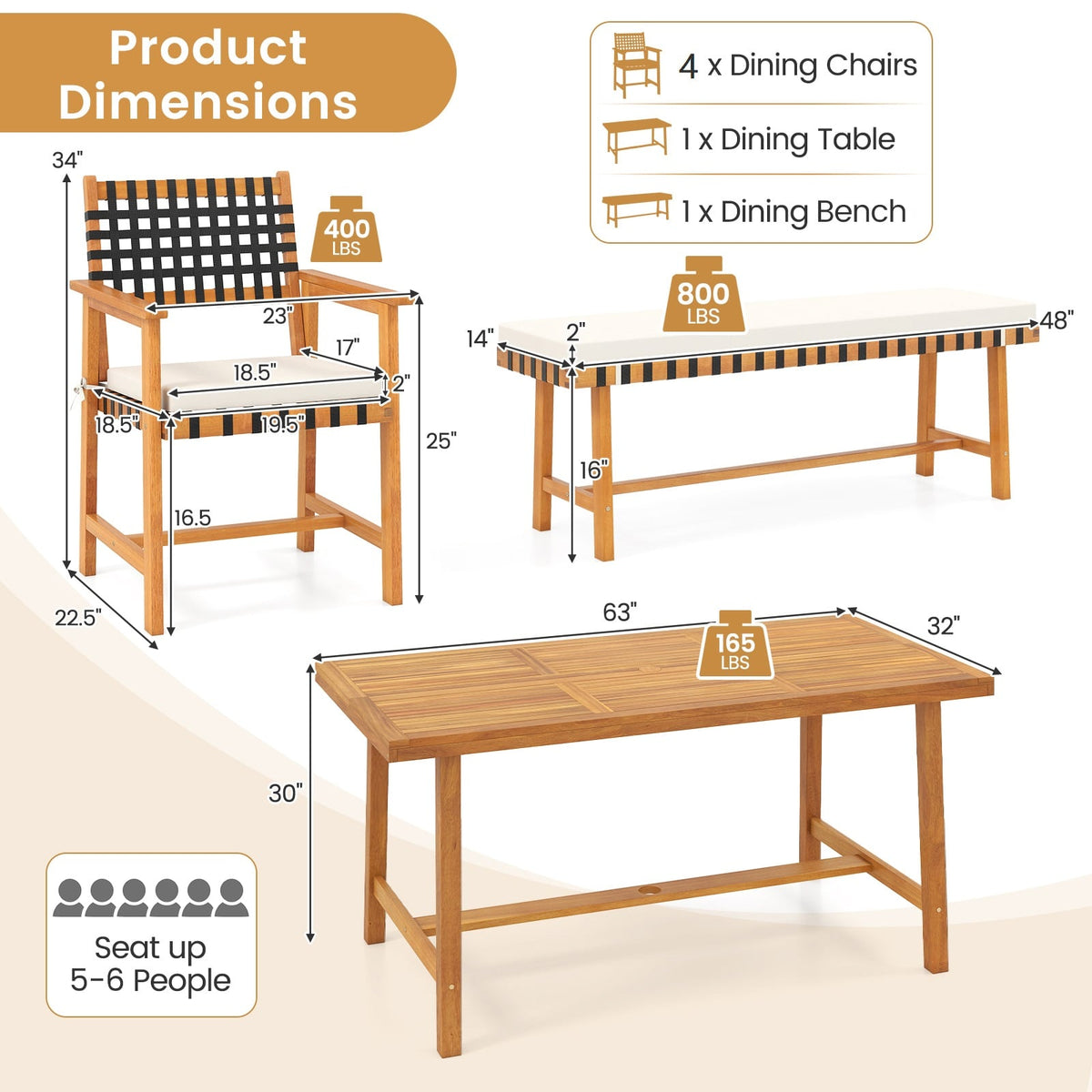 6-Piece Patio Dining Set for 5-6 People Farmhouse Furniture-Patio Dining Sets-DECOROLALA