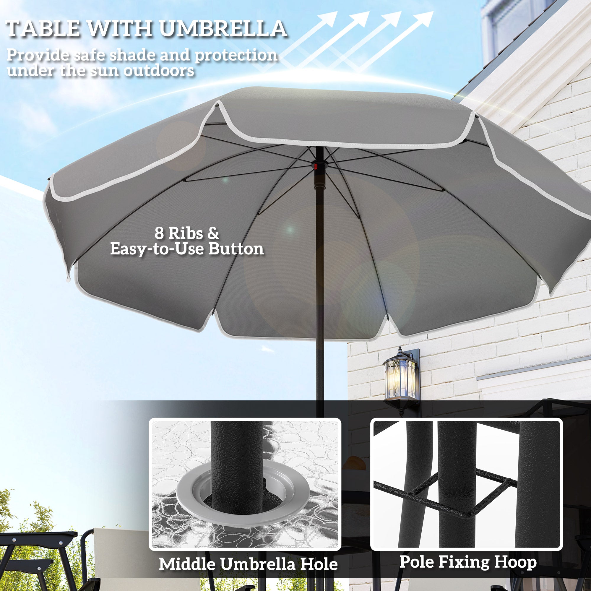 6-Piece Patio Dining Set w/ Umbrella - Cream-DECOROLALA