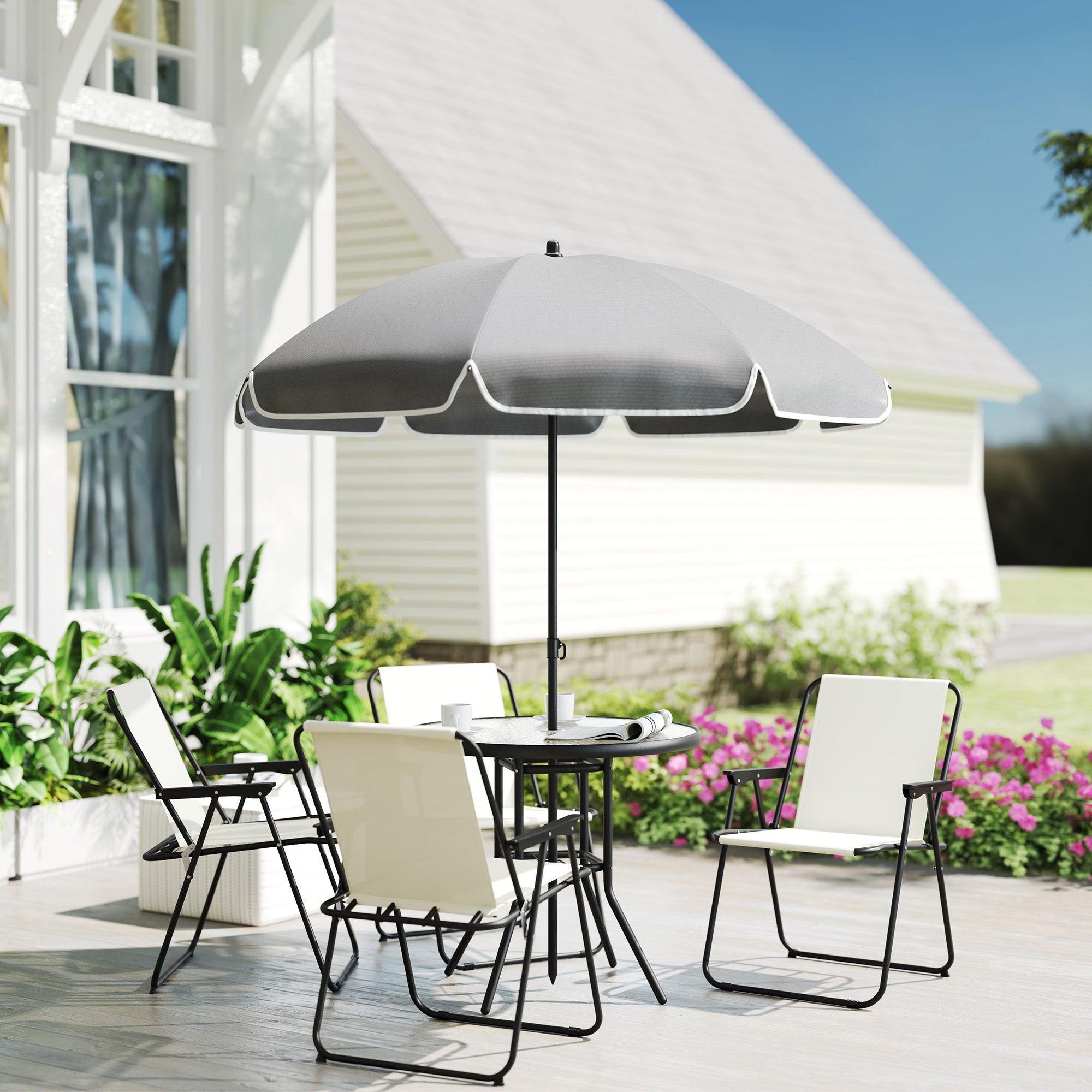 6-Piece Patio Dining Set w/ Umbrella - Cream-DECOROLALA