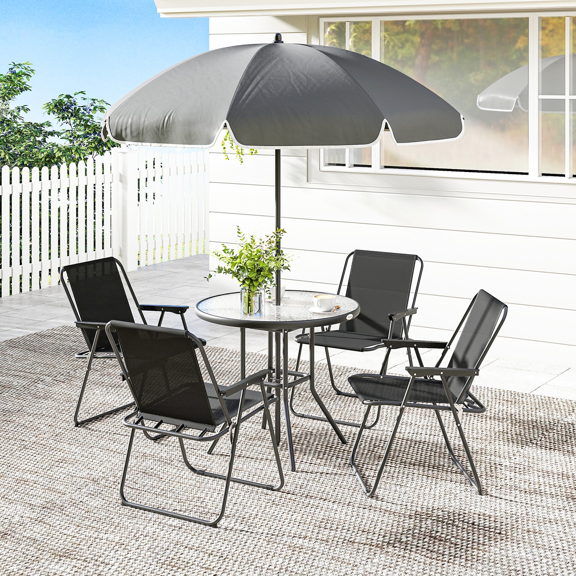 6-Piece Patio Dining Set with Umbrella and 4 Chairs - Black-DECOROLALA