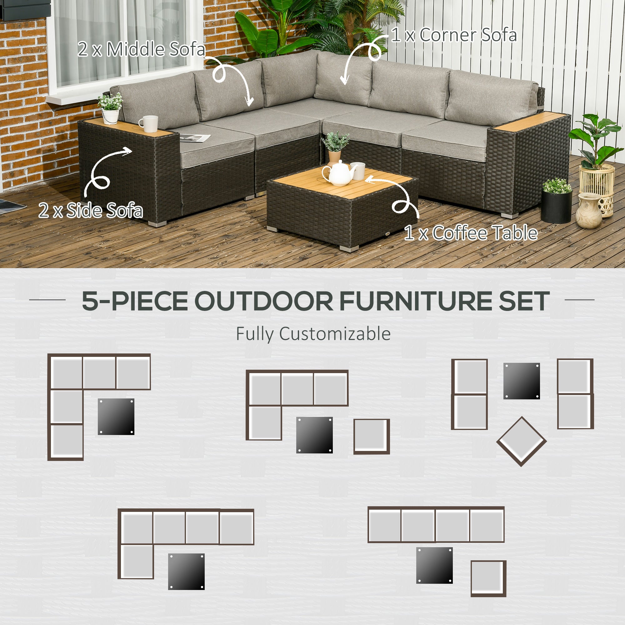 6-Piece Rattan Patio Sectional - Light Grey-DECOROLALA
