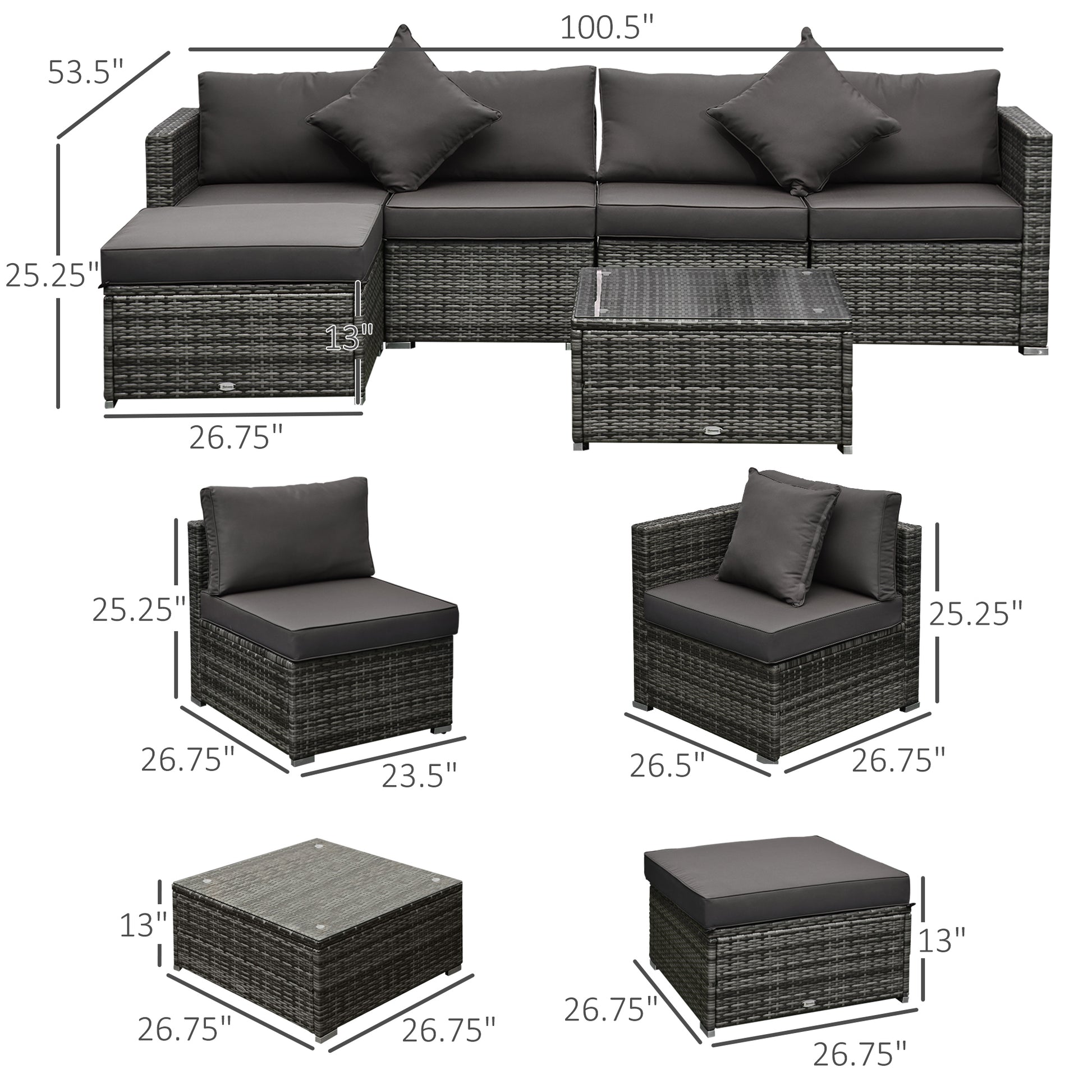 6 Piece Rattan Patio Sectional Set - Grey Charcoal-DECOROLALA