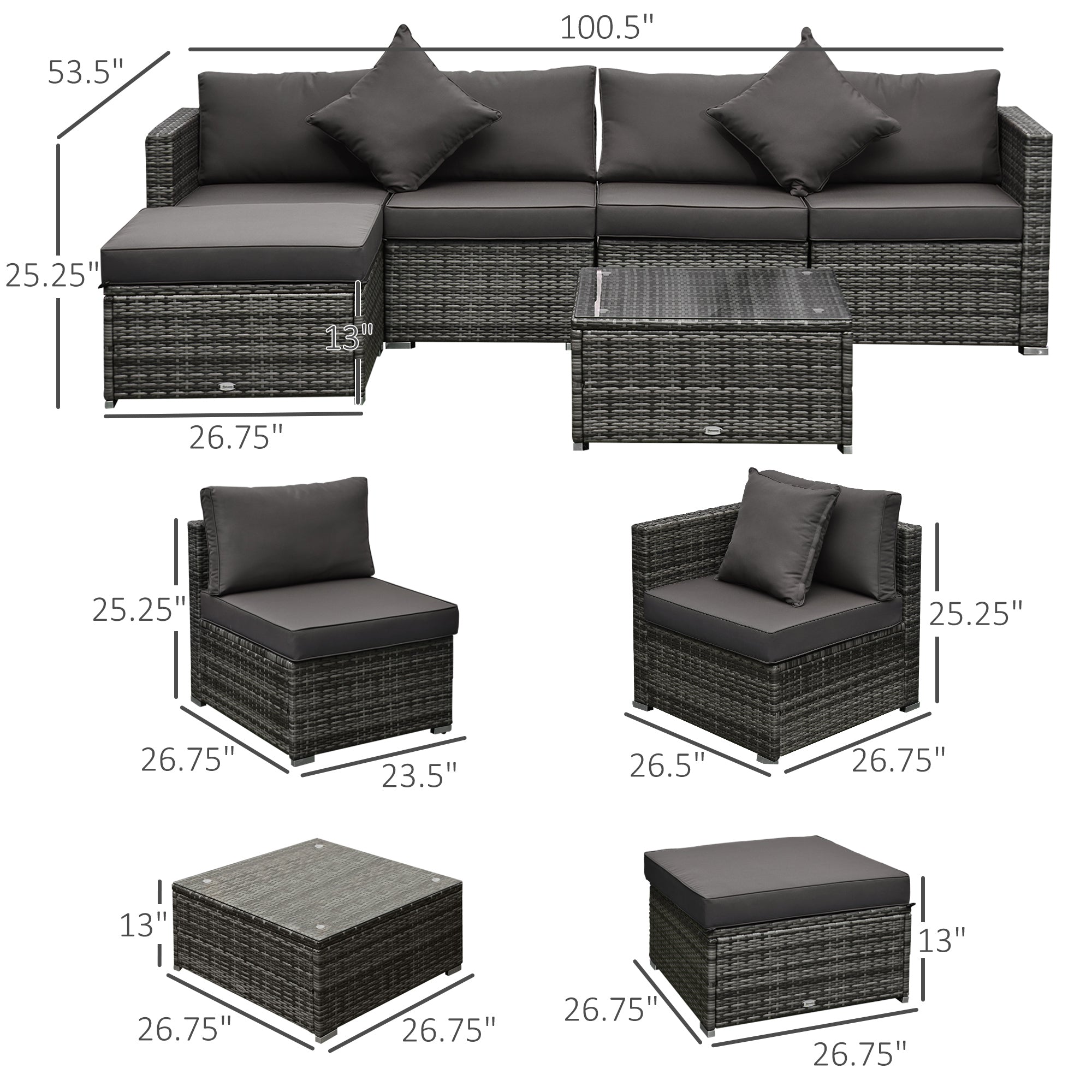 6 Piece Rattan Patio Sectional Set - Grey Charcoal-DECOROLALA