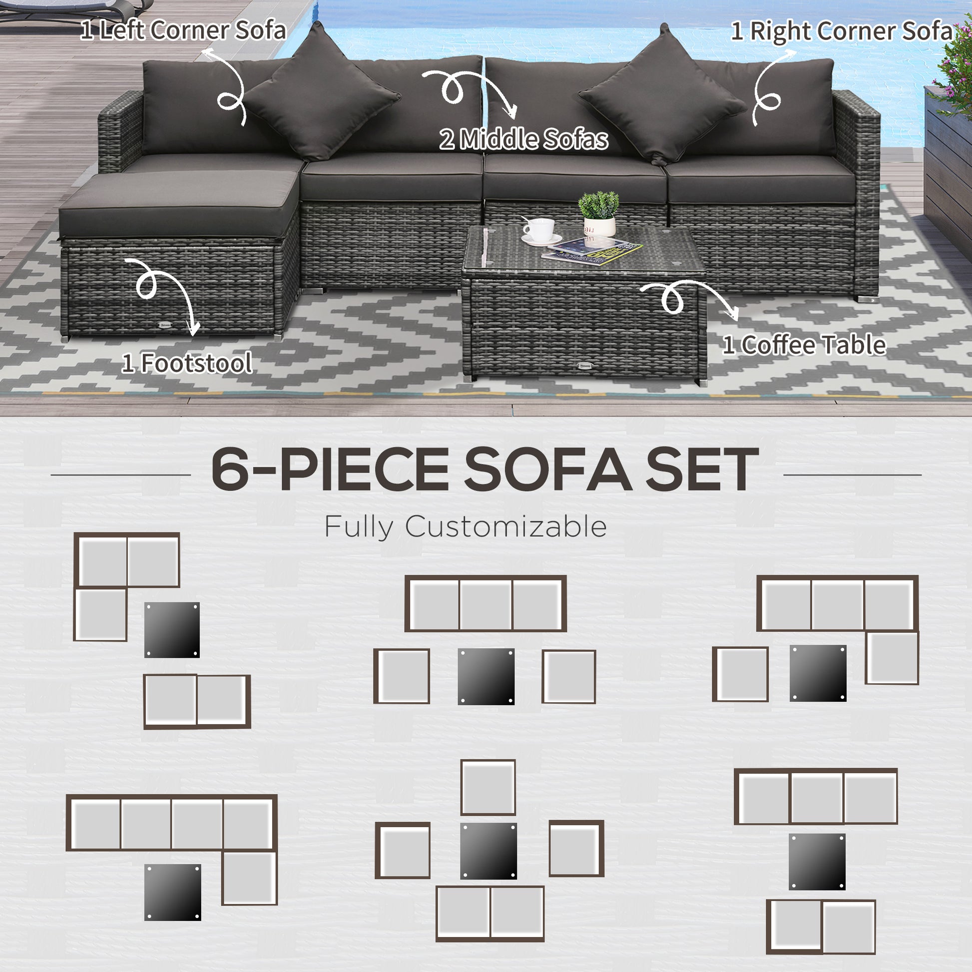6 Piece Rattan Patio Sectional Set - Grey Charcoal-DECOROLALA