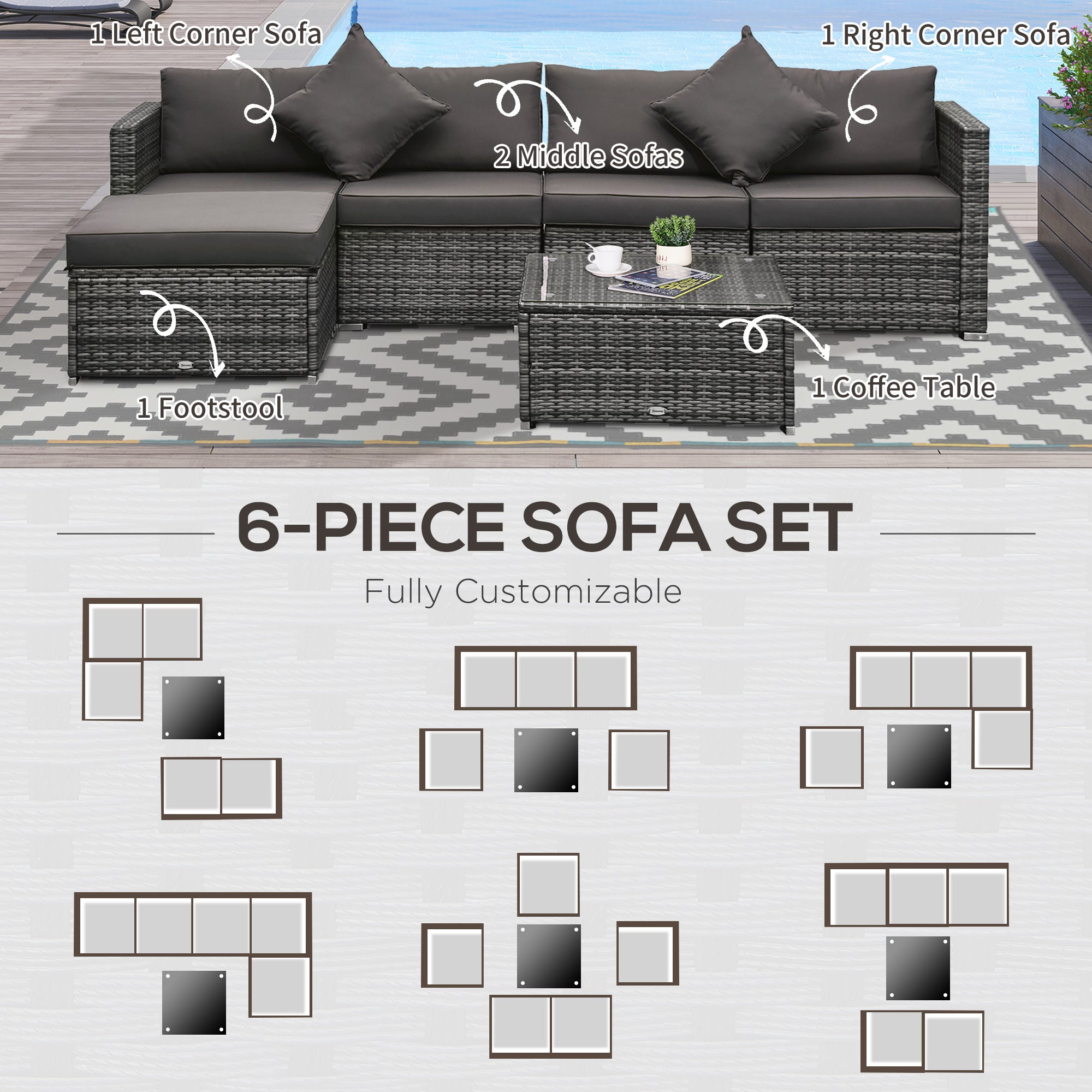 6 Piece Rattan Patio Sectional Set - Grey Charcoal-DECOROLALA