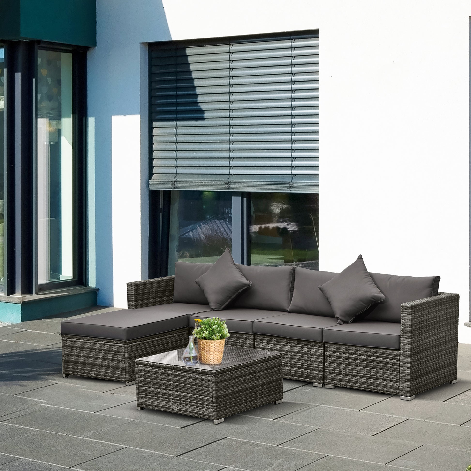 6 Piece Rattan Patio Sectional Set - Grey Charcoal-DECOROLALA