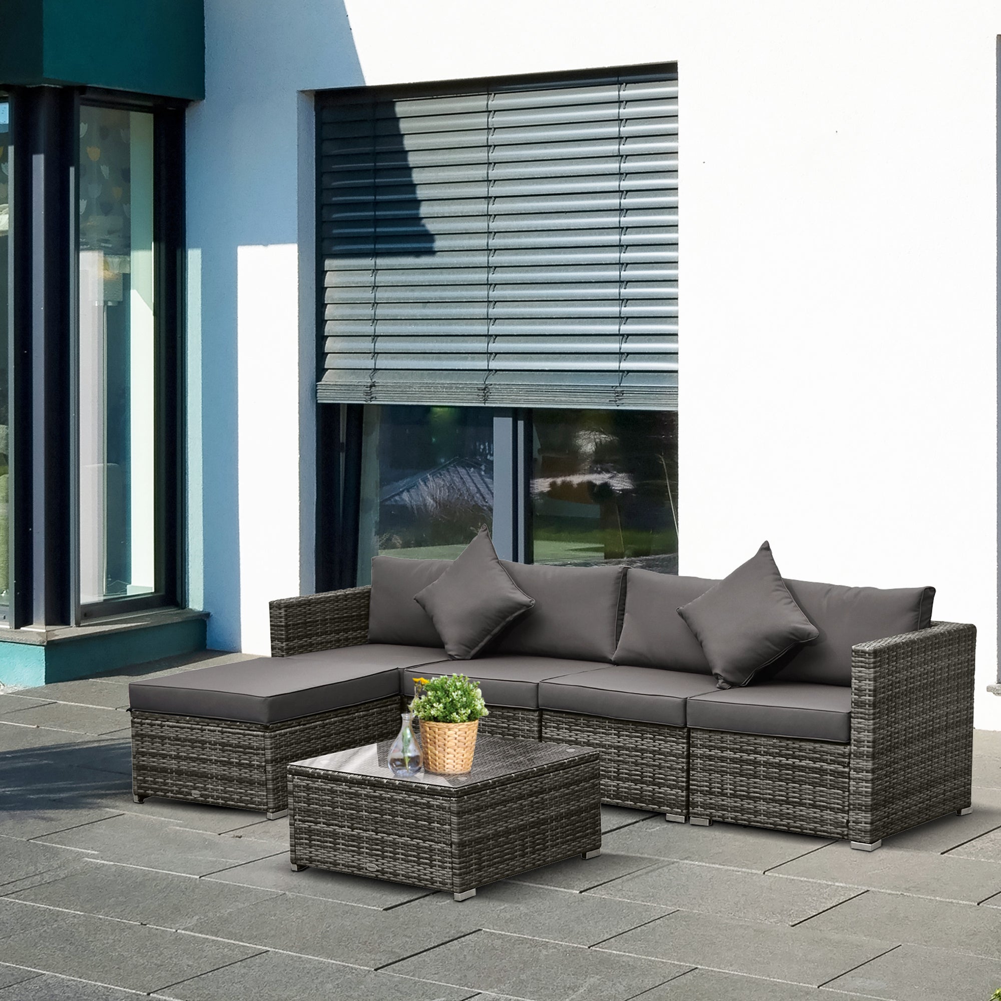 6 Piece Rattan Patio Sectional Set - Grey Charcoal-DECOROLALA