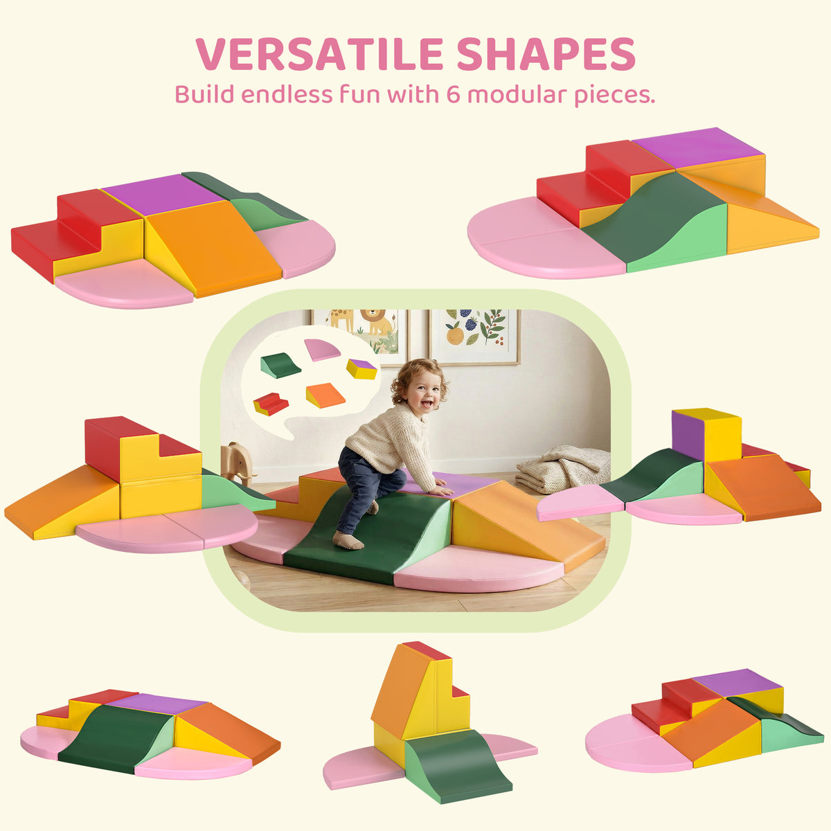 6-Piece Soft Play for 12-36 Months Toddlers to Climb, Crawl, Slide, Red, Pink-Toys & Games > Baby & Toddler Toys > Kids Gym & Playmats-DECOROLALA