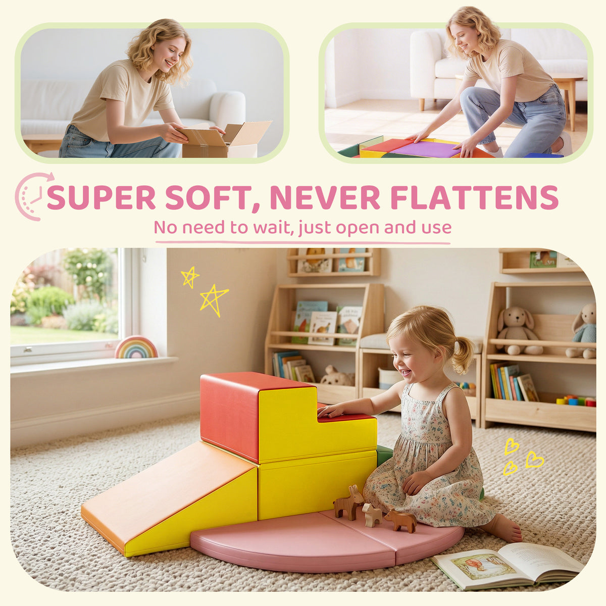 6-Piece Soft Play for 12-36 Months Toddlers to Climb, Crawl, Slide, Red, Pink-Toys & Games > Baby & Toddler Toys > Kids Gym & Playmats-DECOROLALA