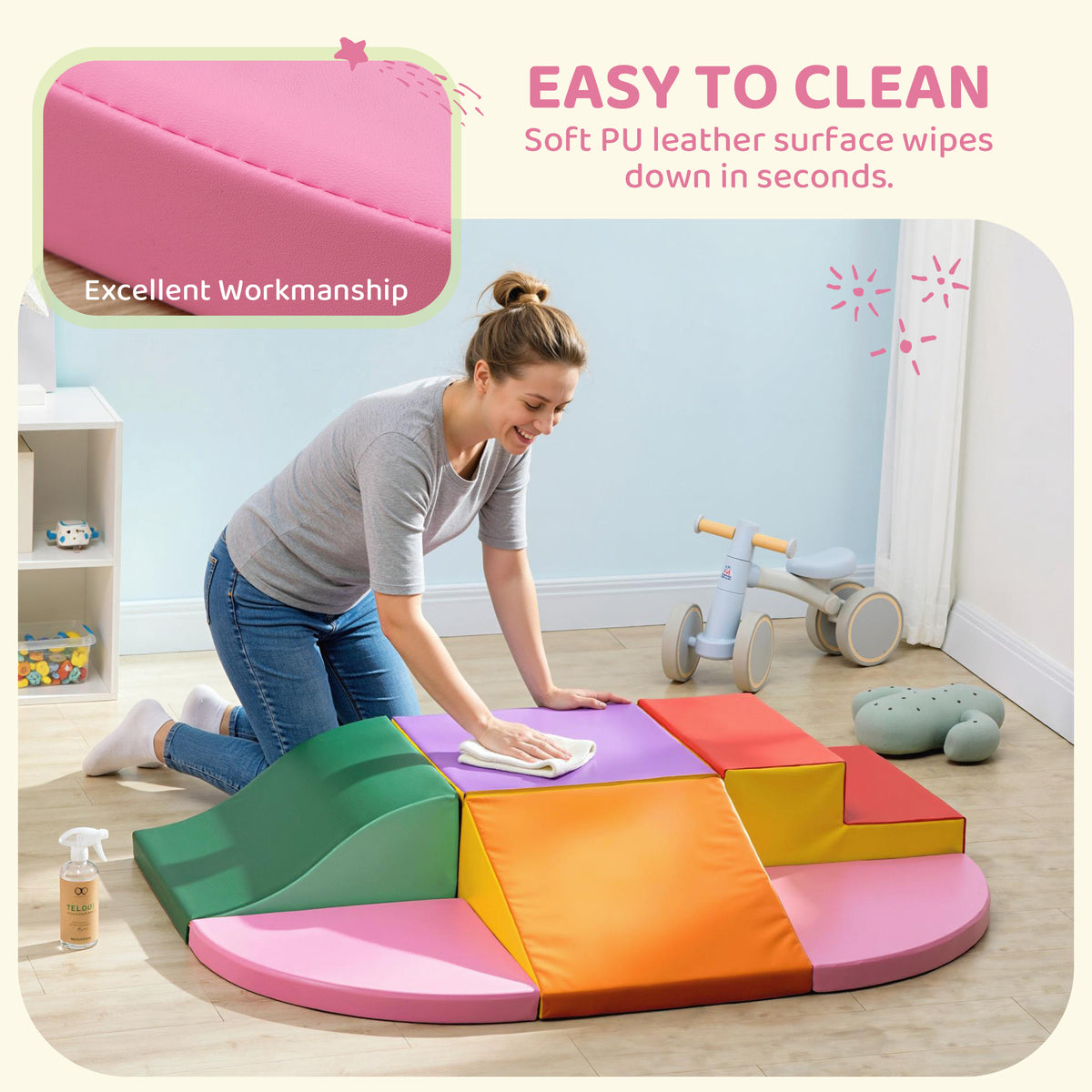 6-Piece Soft Play for 12-36 Months Toddlers to Climb, Crawl, Slide, Red, Pink-Toys & Games > Baby & Toddler Toys > Kids Gym & Playmats-DECOROLALA