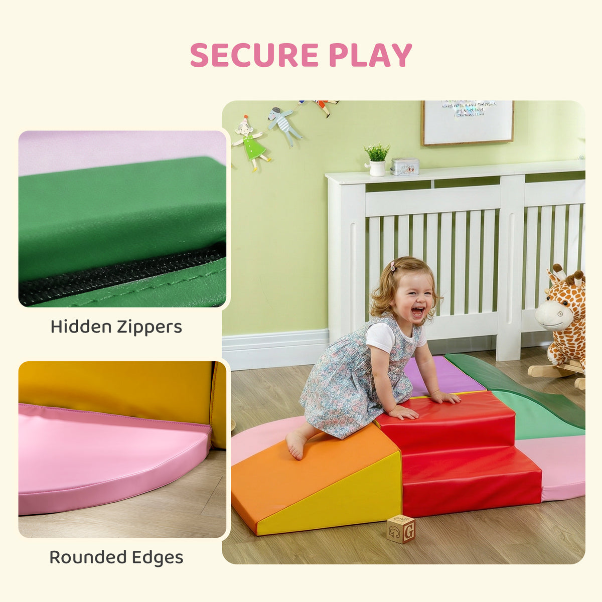 6-Piece Soft Play for 12-36 Months Toddlers to Climb, Crawl, Slide, Red, Pink-Toys & Games > Baby & Toddler Toys > Kids Gym & Playmats-DECOROLALA