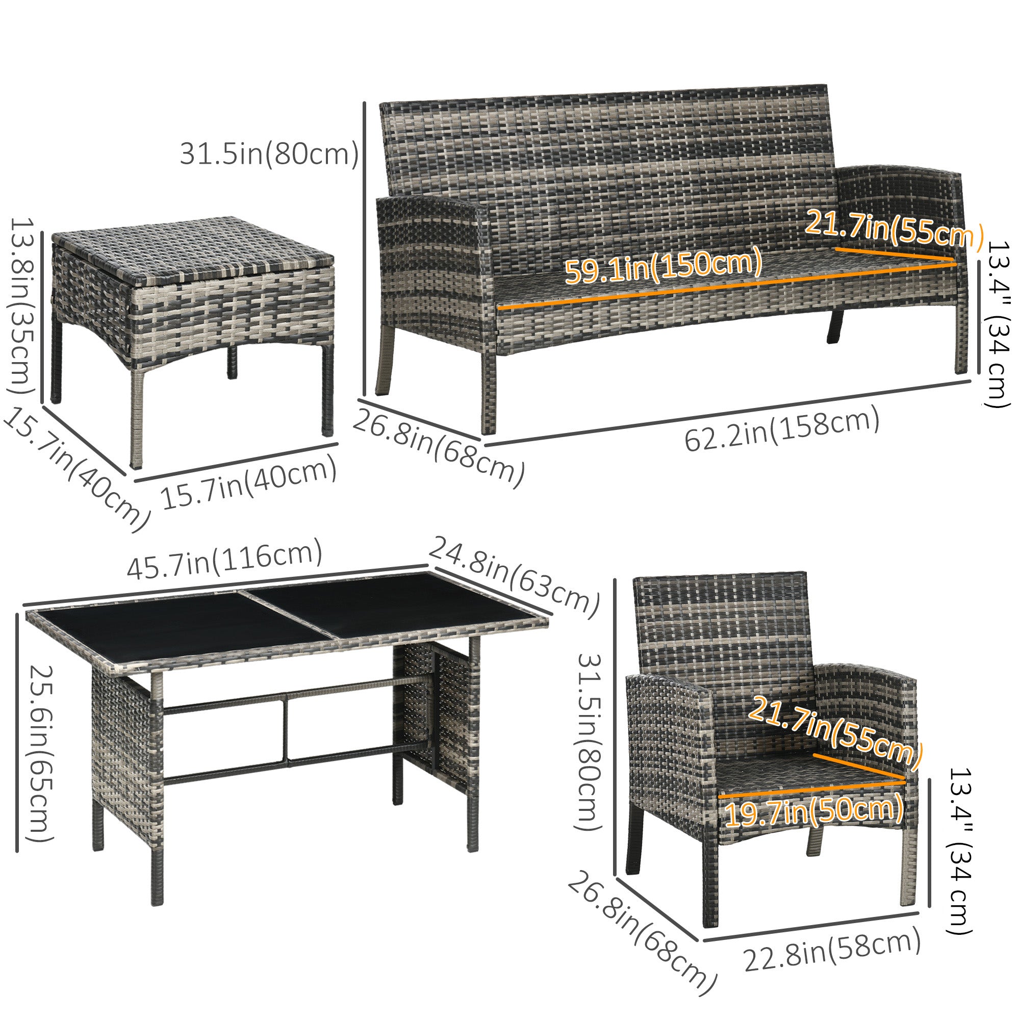 6-Piece Wicker Patio Furniture Set - Grey Conversation-DECOROLALA