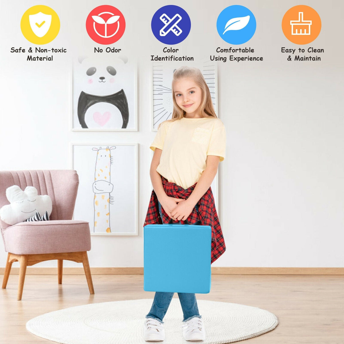 6 Pieces 15 Inches Square Toddler Floor Cushions Flexible Soft Foam Seating with Handles-Blue-Kids Chairs-DECOROLALA