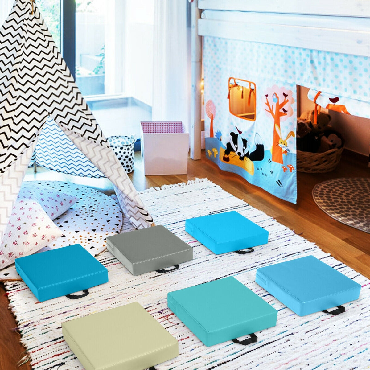 6 Pieces 15 Inches Square Toddler Floor Cushions Flexible Soft Foam Seating with Handles-Blue-Kids Chairs-DECOROLALA