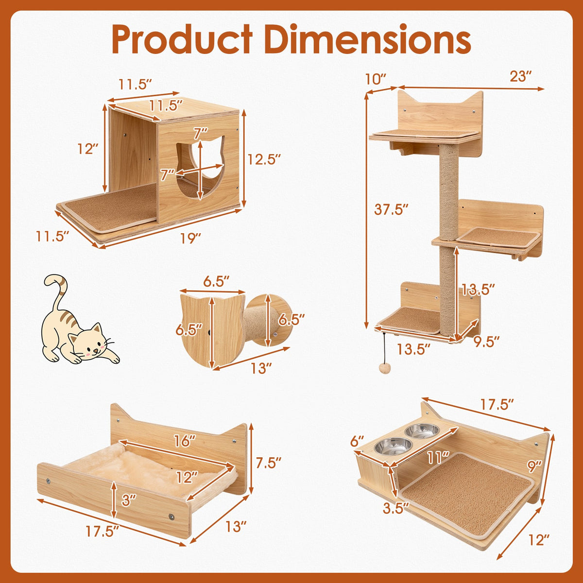 6 Pieces Cat Wall Furniture Set Kitten Wall Mounted Shelves-Natural-Cat Trees & Scratchers-DECOROLALA