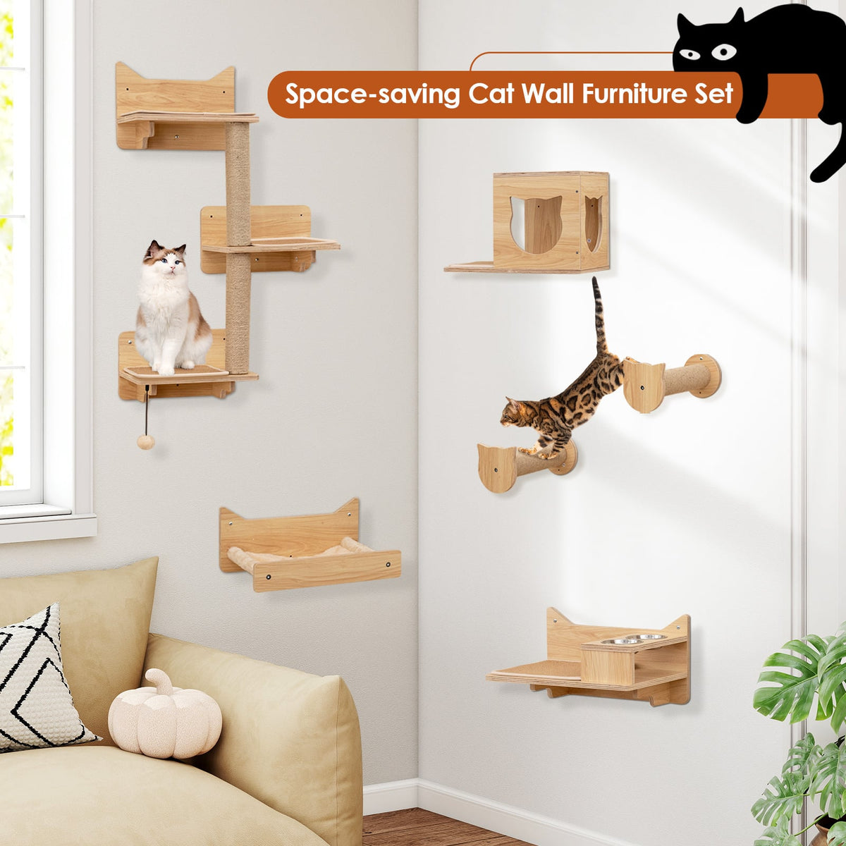6 Pieces Cat Wall Furniture Set Kitten Wall Mounted Shelves-Natural-Cat Trees & Scratchers-DECOROLALA