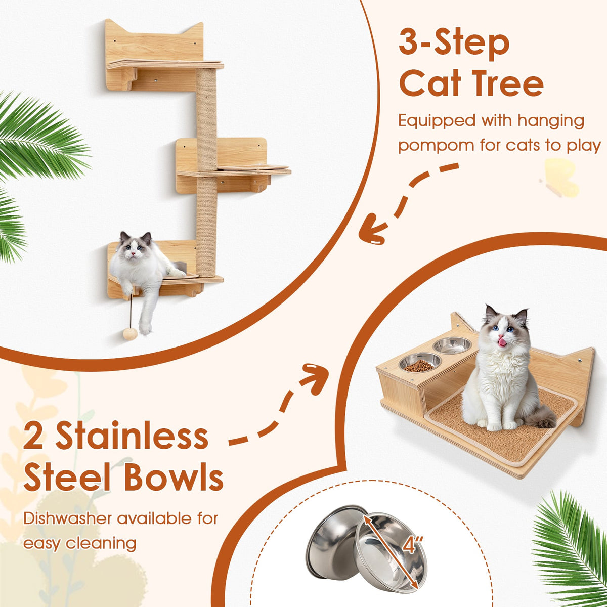 6 Pieces Cat Wall Furniture Set Kitten Wall Mounted Shelves-Natural-Cat Trees & Scratchers-DECOROLALA