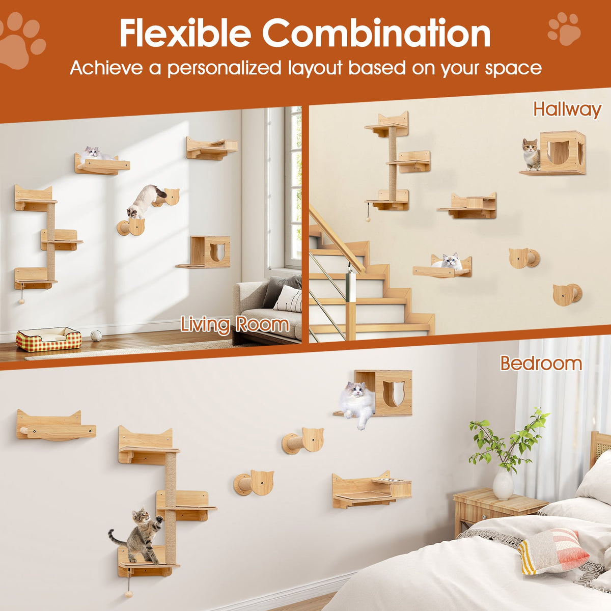 6 Pieces Cat Wall Furniture Set Kitten Wall Mounted Shelves-Natural-Cat Trees & Scratchers-DECOROLALA