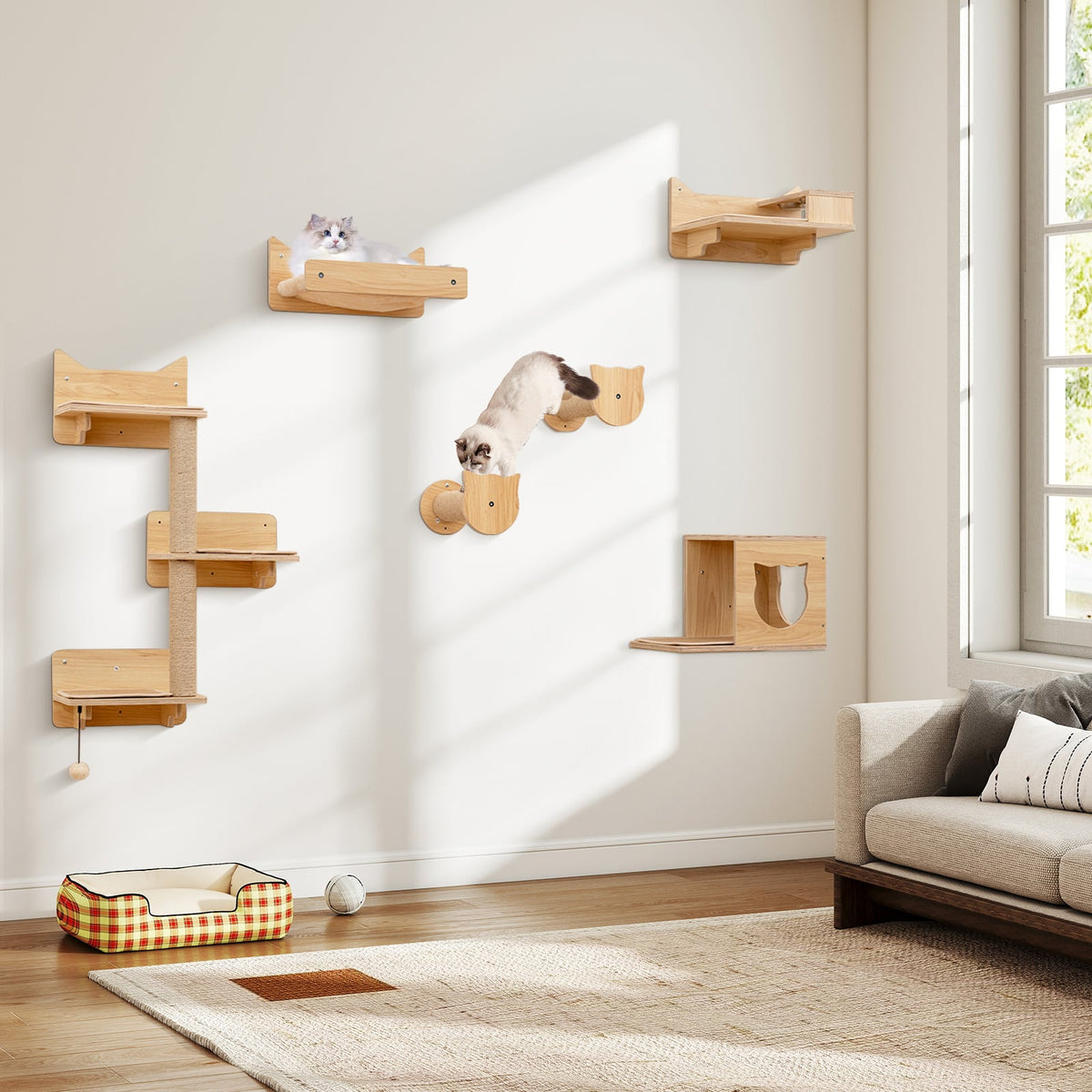 6 Pieces Cat Wall Furniture Set Kitten Wall Mounted Shelves-Natural-Cat Trees & Scratchers-DECOROLALA