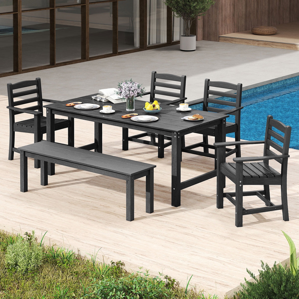 6 Pieces Patio Dining Bench Set Outdoor HDPE Weather Resistant Table and Chairs Set-Black-Patio Dining Sets-DECOROLALA