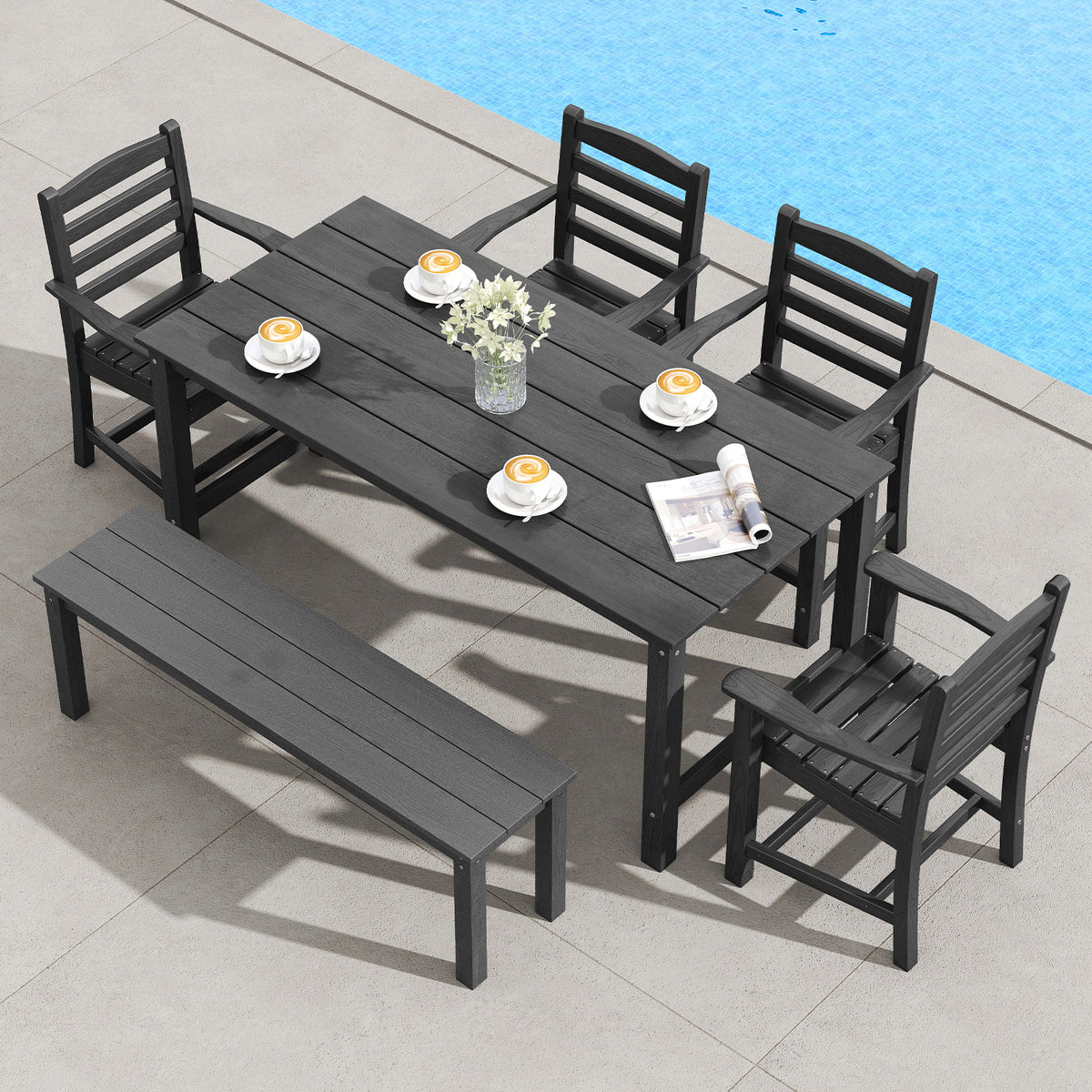 6 Pieces Patio Dining Bench Set Outdoor HDPE Weather Resistant Table and Chairs Set-Black-Patio Dining Sets-DECOROLALA