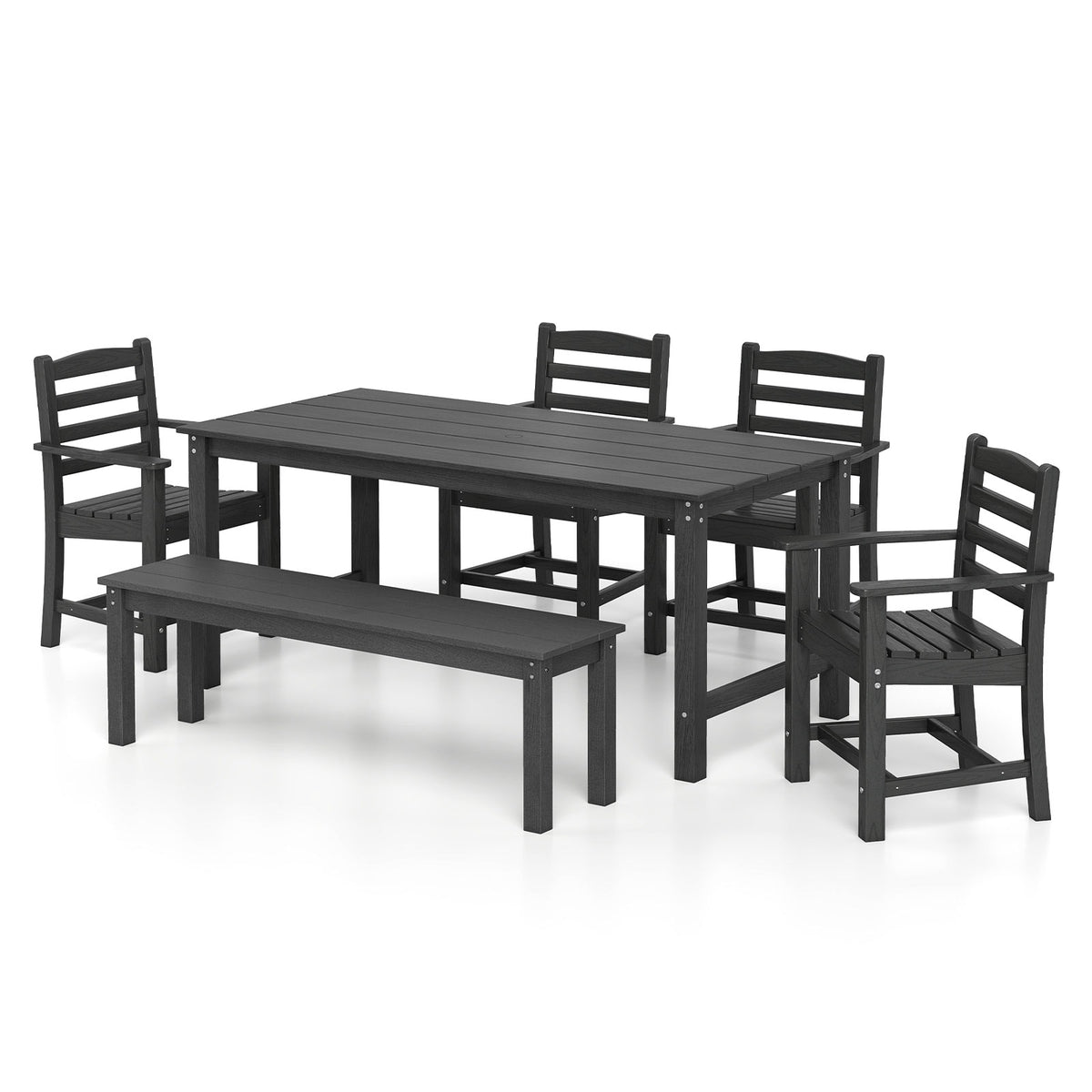 6 Pieces Patio Dining Bench Set Outdoor HDPE Weather Resistant Table and Chairs Set-Black-Patio Dining Sets-DECOROLALA