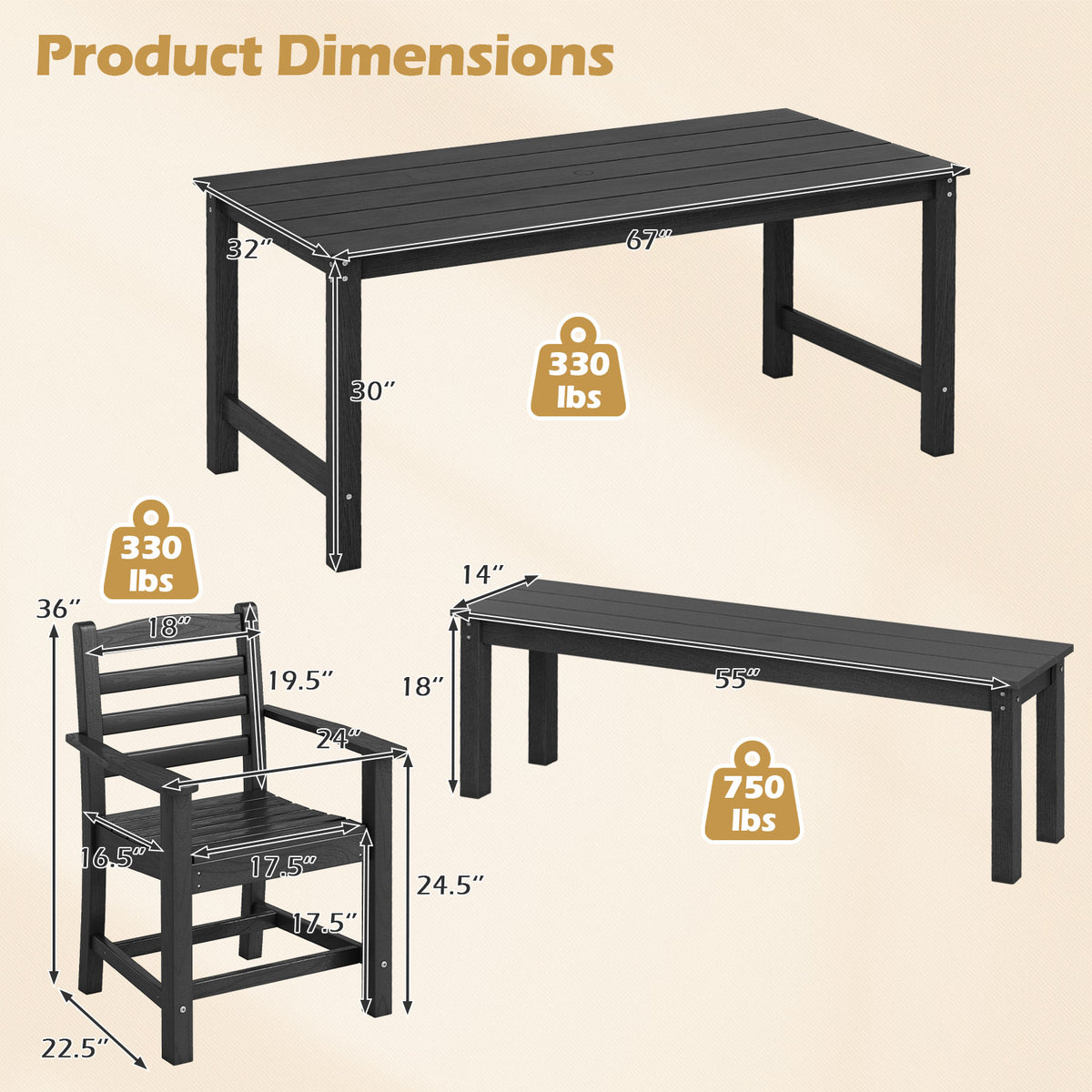 6 Pieces Patio Dining Bench Set Outdoor HDPE Weather Resistant Table and Chairs Set-Black-Patio Dining Sets-DECOROLALA