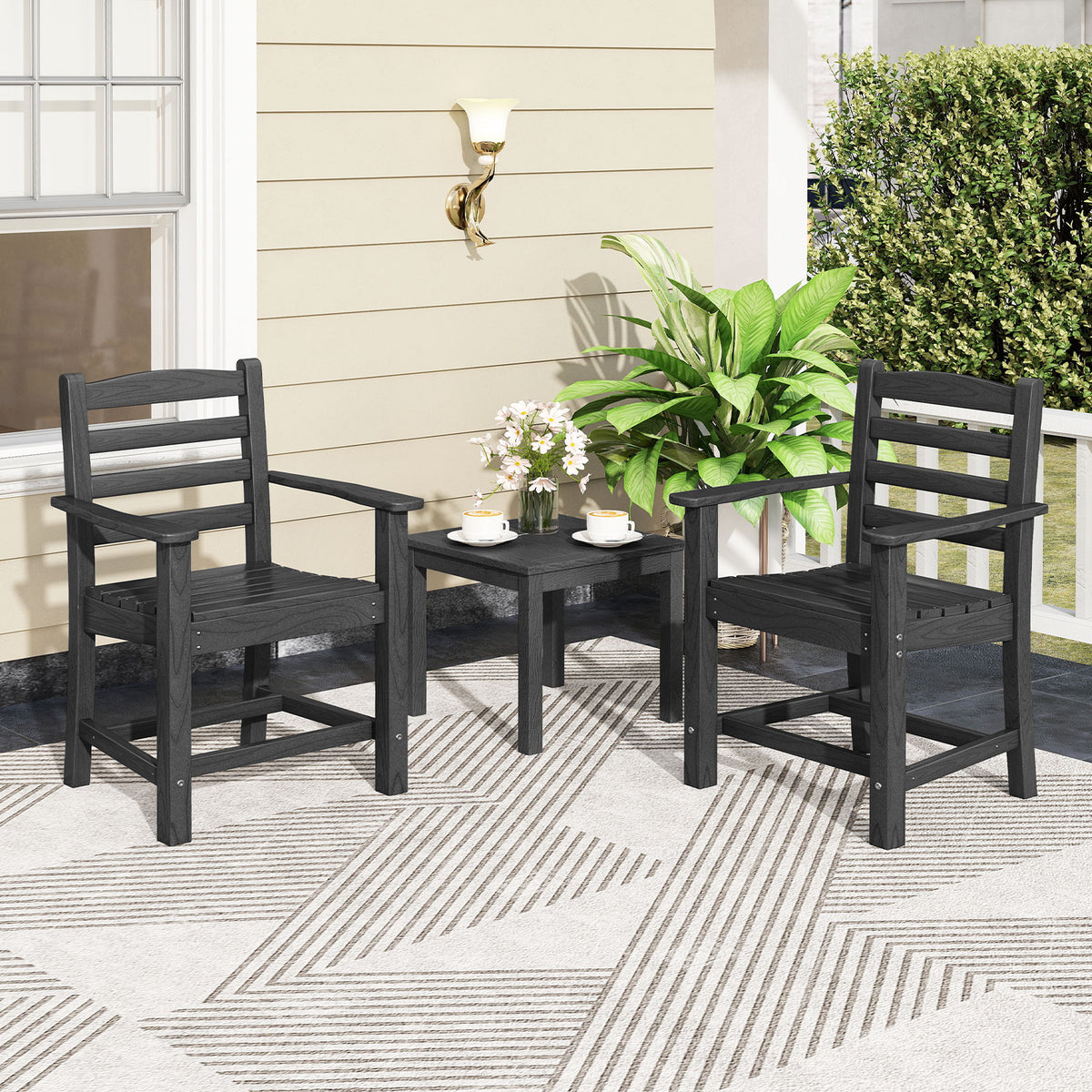 6 Pieces Patio Dining Bench Set Outdoor HDPE Weather Resistant Table and Chairs Set-Black-Patio Dining Sets-DECOROLALA