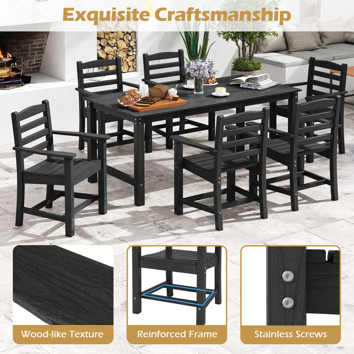 6 Pieces Patio Dining Bench Set Outdoor HDPE Weather Resistant Table and Chairs Set-Black-Patio Dining Sets-DECOROLALA