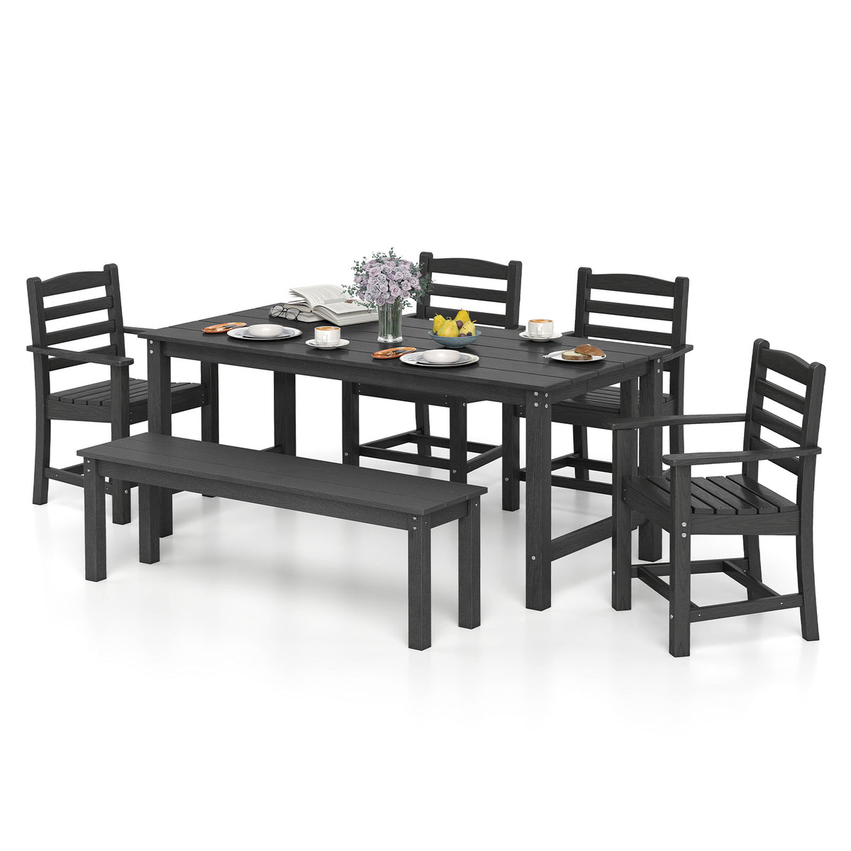 6 Pieces Patio Dining Bench Set Outdoor HDPE Weather Resistant Table and Chairs Set-Black-Patio Dining Sets-DECOROLALA