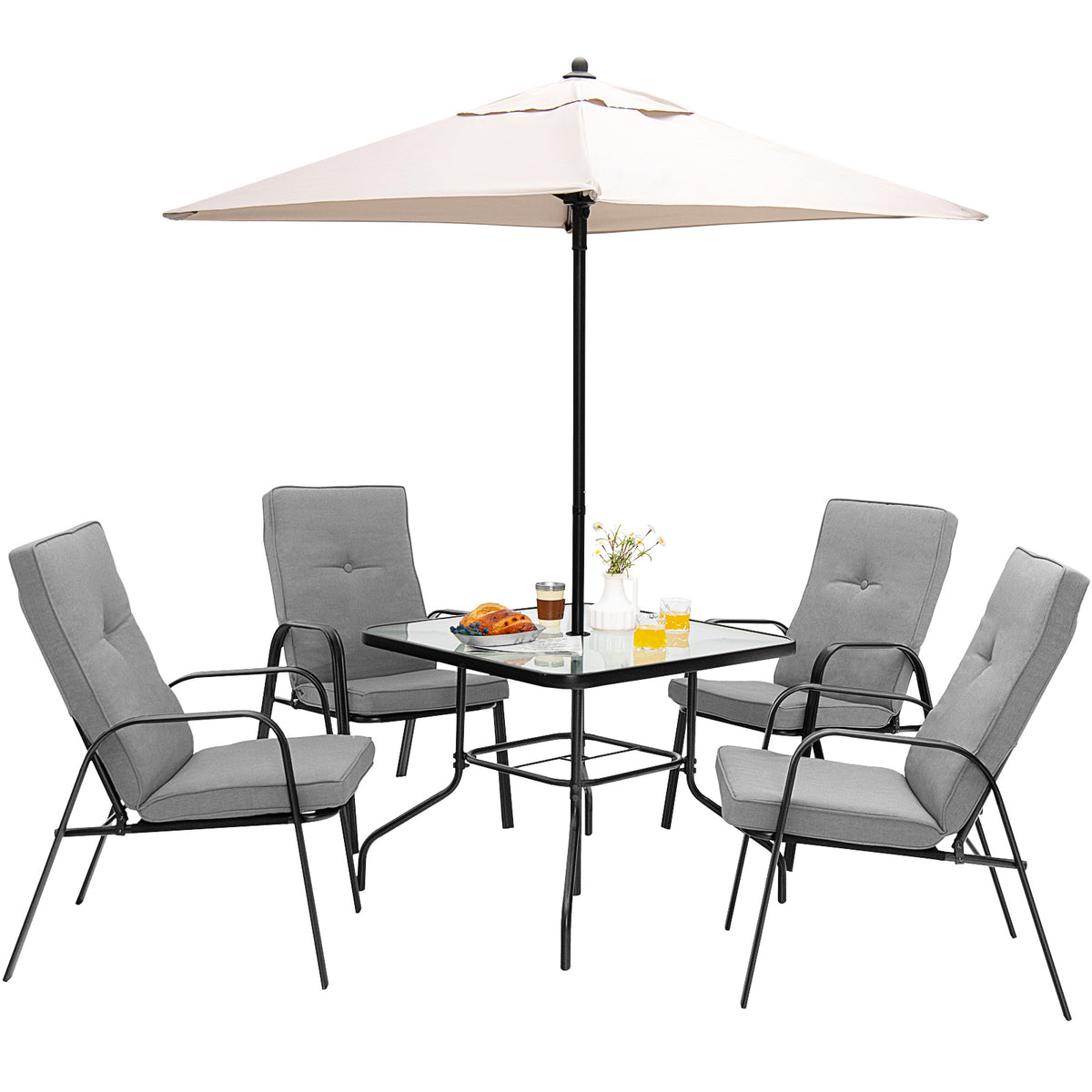 6 Pieces Patio Dining Set with Umbrella and Stackable Cushioned Chairs-Patio Dining Sets-DECOROLALA