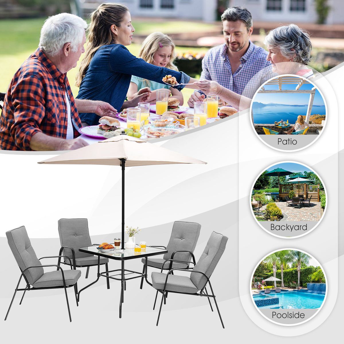 6 Pieces Patio Dining Set with Umbrella and Stackable Cushioned Chairs-Patio Dining Sets-DECOROLALA
