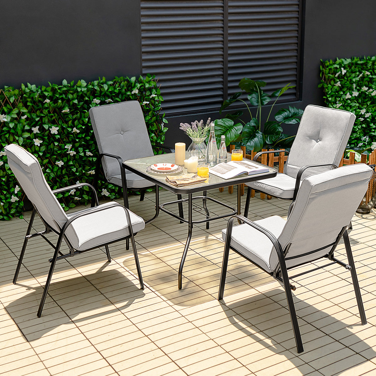 6 Pieces Patio Dining Set with Umbrella and Stackable Cushioned Chairs-Patio Dining Sets-DECOROLALA