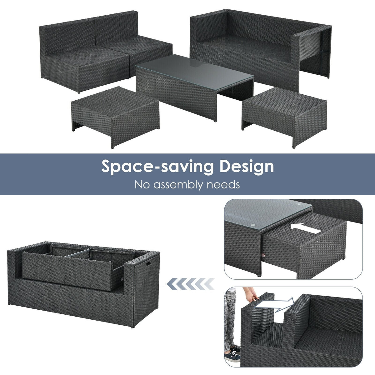 6 Pieces Patio Rattan Furniture Set Space Saving Cushioned No Assembly-Gray-Outdoor Sectional Sofas-DECOROLALA