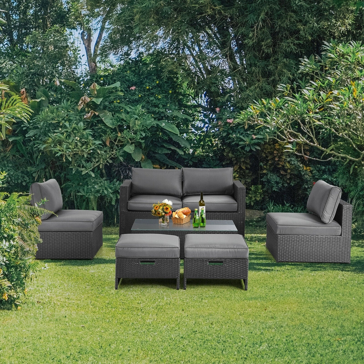 6 Pieces Patio Rattan Furniture Set Space Saving Cushioned No Assembly-Gray-Outdoor Sectional Sofas-DECOROLALA