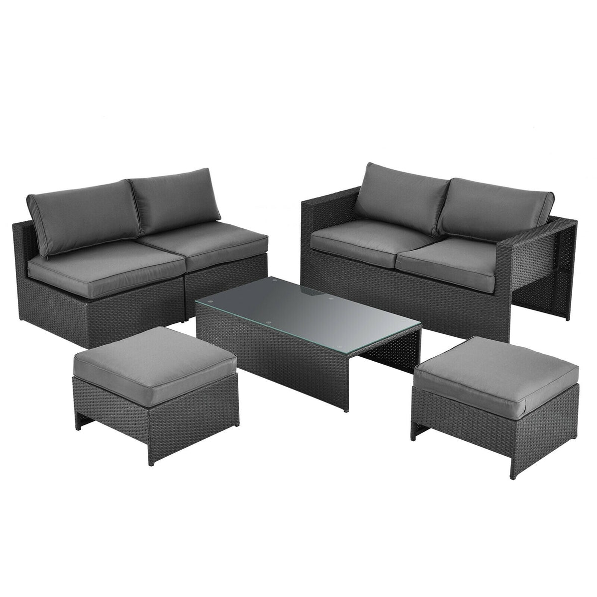 6 Pieces Patio Rattan Furniture Set Space Saving Cushioned No Assembly-Gray-Outdoor Sectional Sofas-DECOROLALA