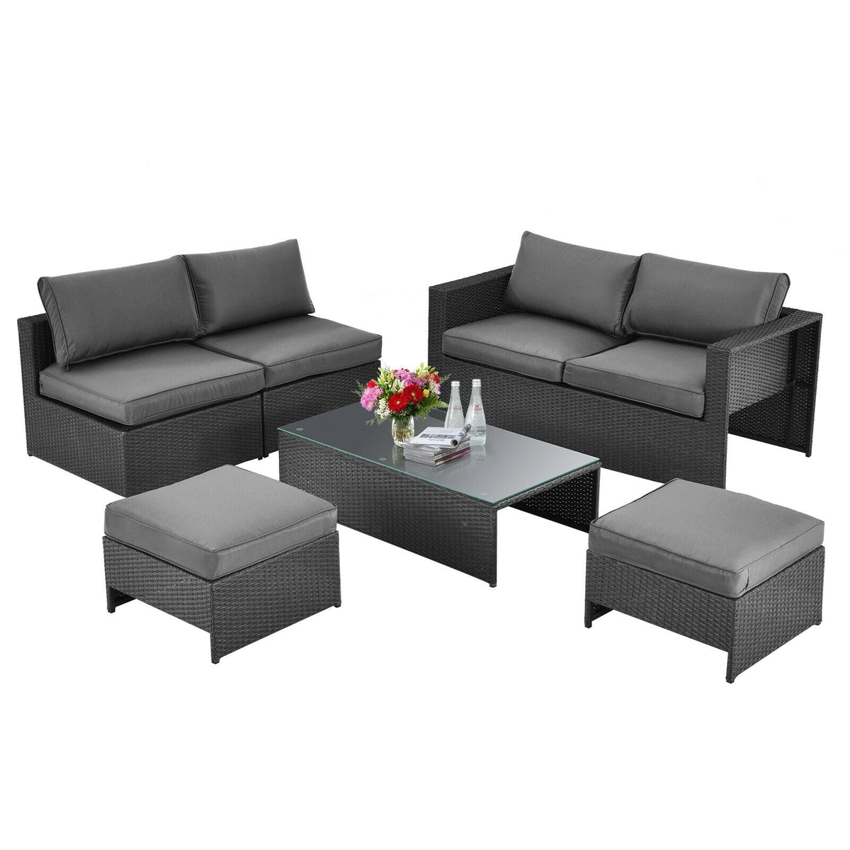 6 Pieces Patio Rattan Furniture Set Space Saving Cushioned No Assembly-Gray-Outdoor Sectional Sofas-DECOROLALA