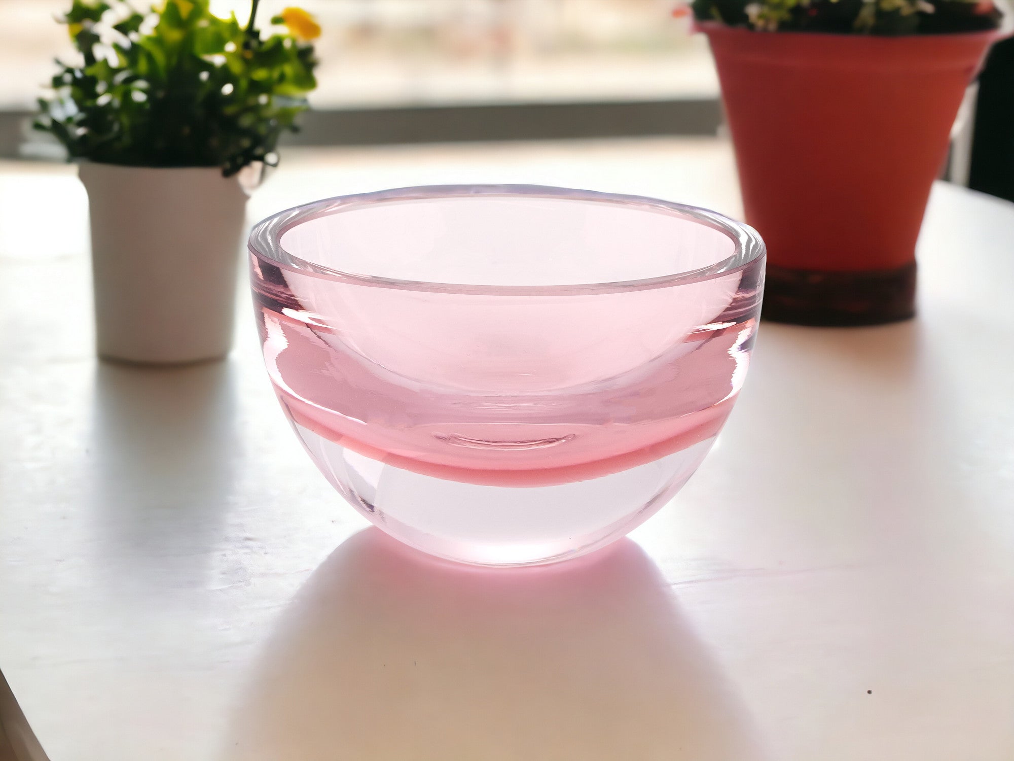 6" Pink Mouth Blown Crystal Thick Walled Bowl-Serving Bowls-DECOROLALA