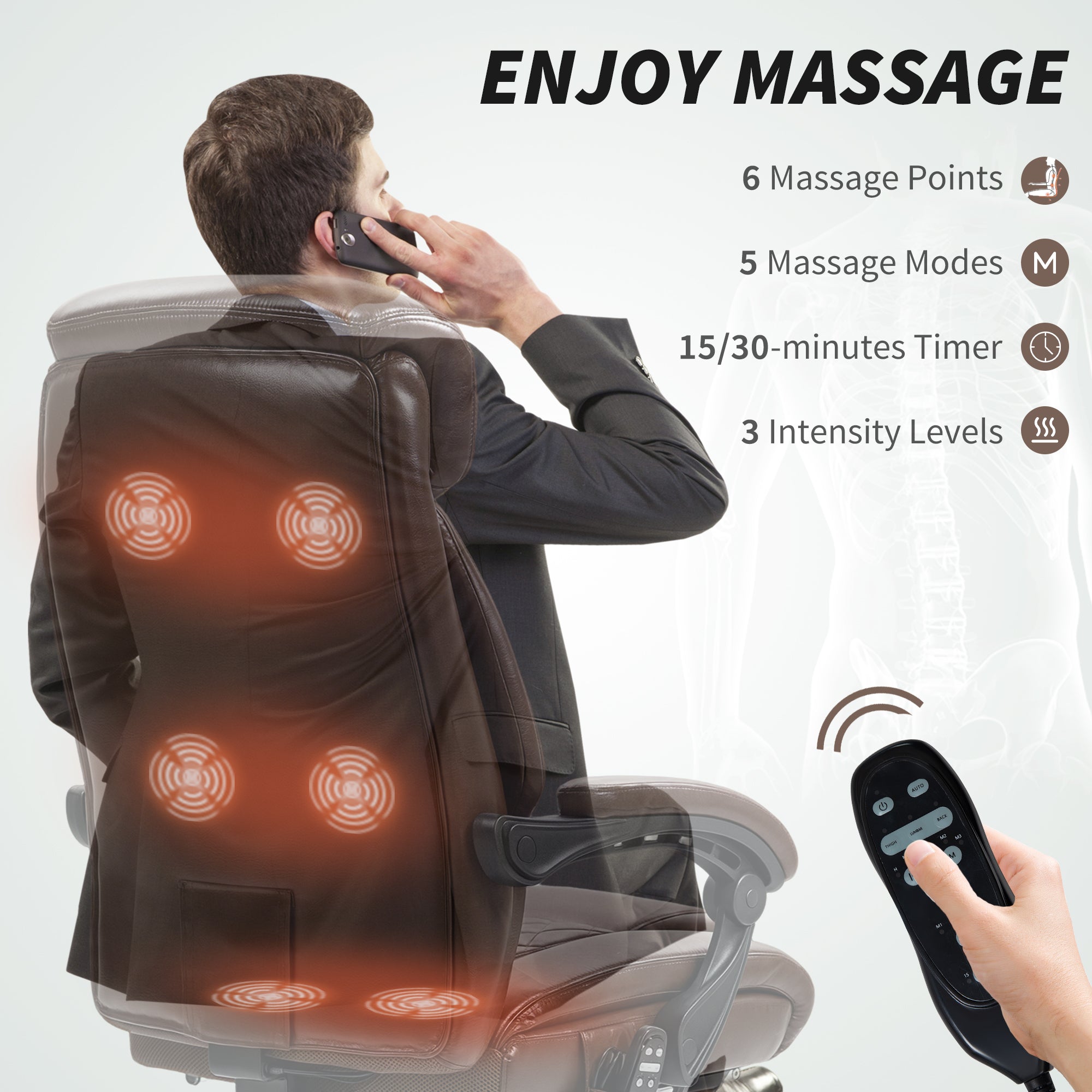 6-Point Massage Office Chair, Ergonomic Reclining Desk Chair, Dark Brown-DECOROLALA