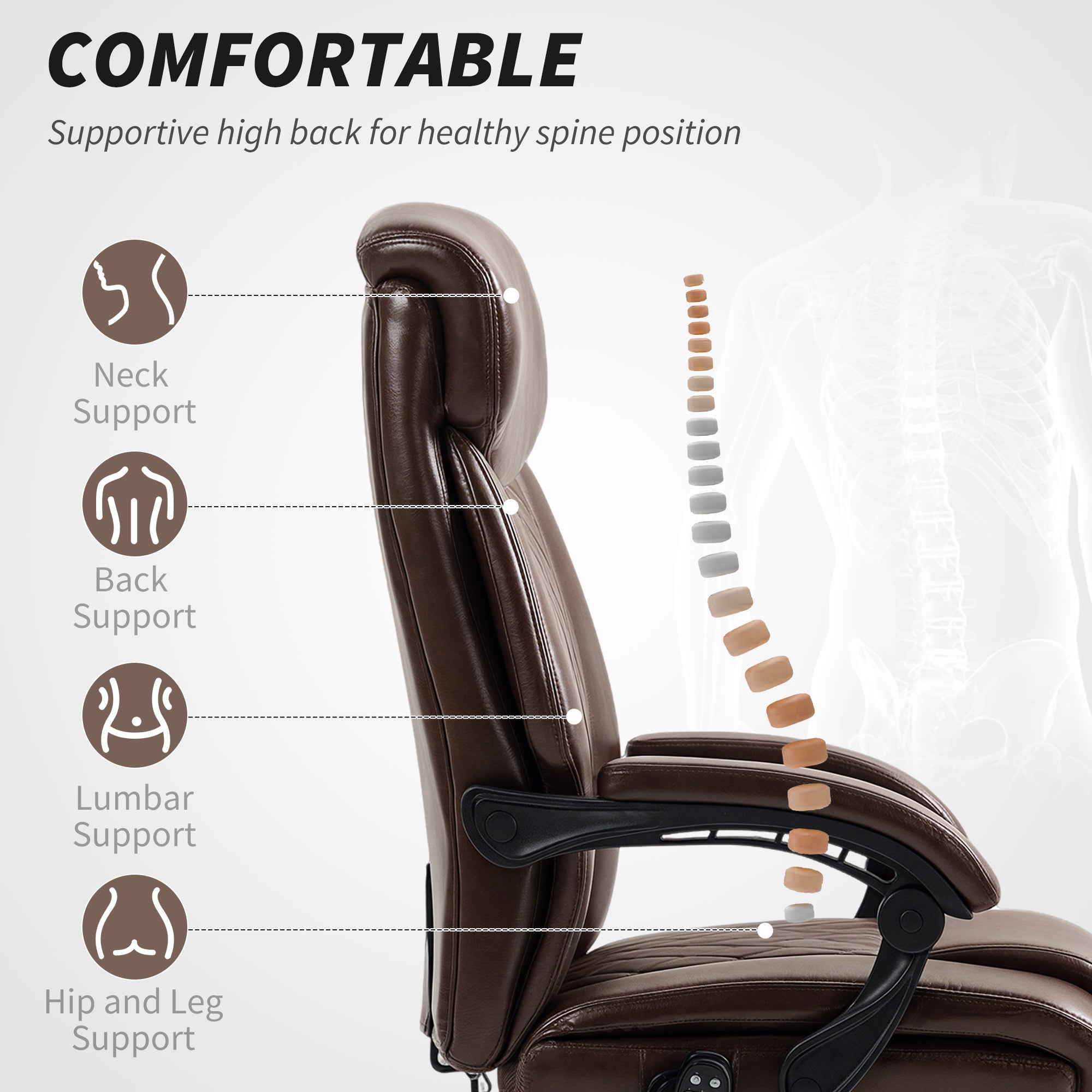 6-Point Massage Office Chair, Ergonomic Reclining Desk Chair, Dark Brown-DECOROLALA