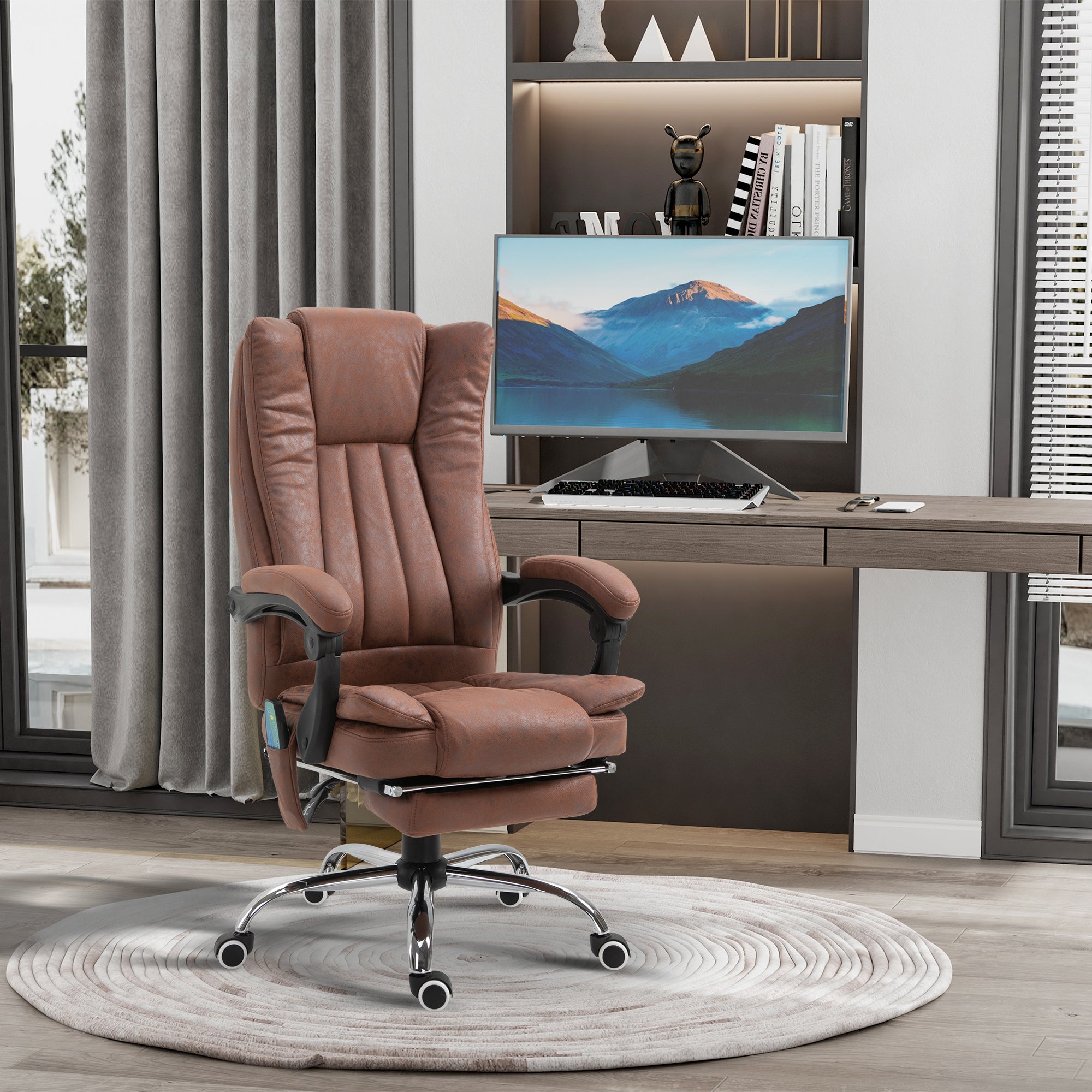 6-Point Massage Office Chair Recliner with Footrest - Brown-Office Products > Office Furniture > Office Chairs > Massage Chairs-DECOROLALA