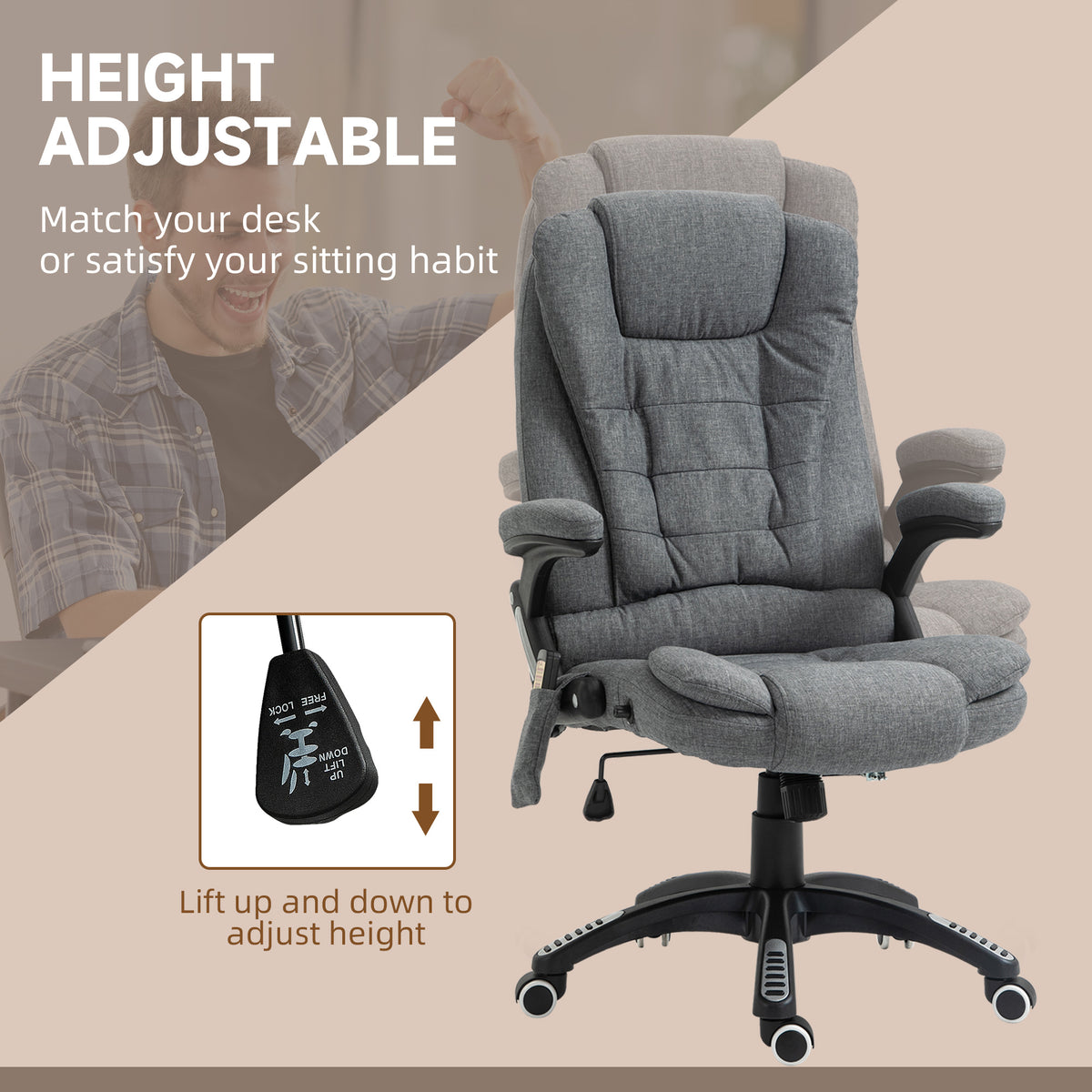 6-Point Vibrating Massage Executive Office Chair - Grey Linen-Office Products > Office Furniture > Office Chairs > Massage Chairs-DECOROLALA