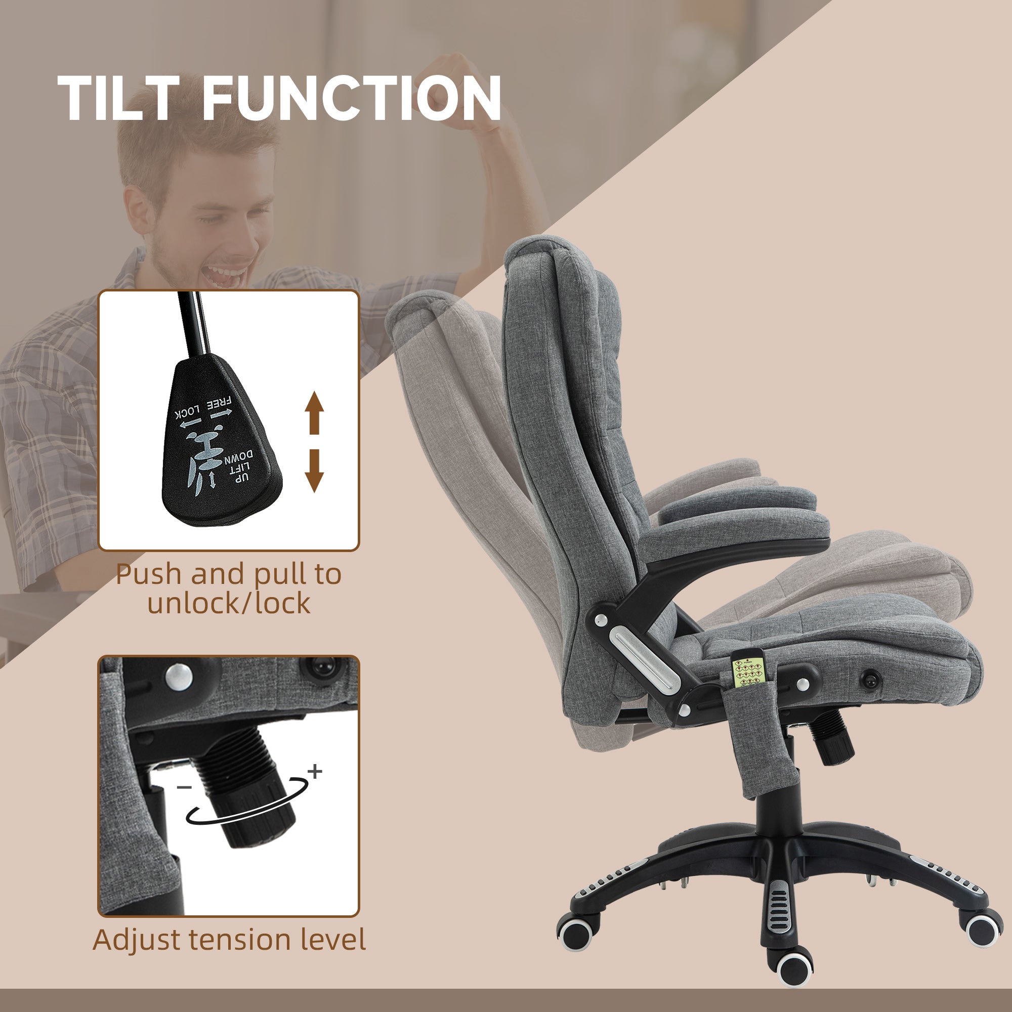 6-Point Vibrating Massage Executive Office Chair - Grey Linen-Office Products > Office Furniture > Office Chairs > Massage Chairs-DECOROLALA