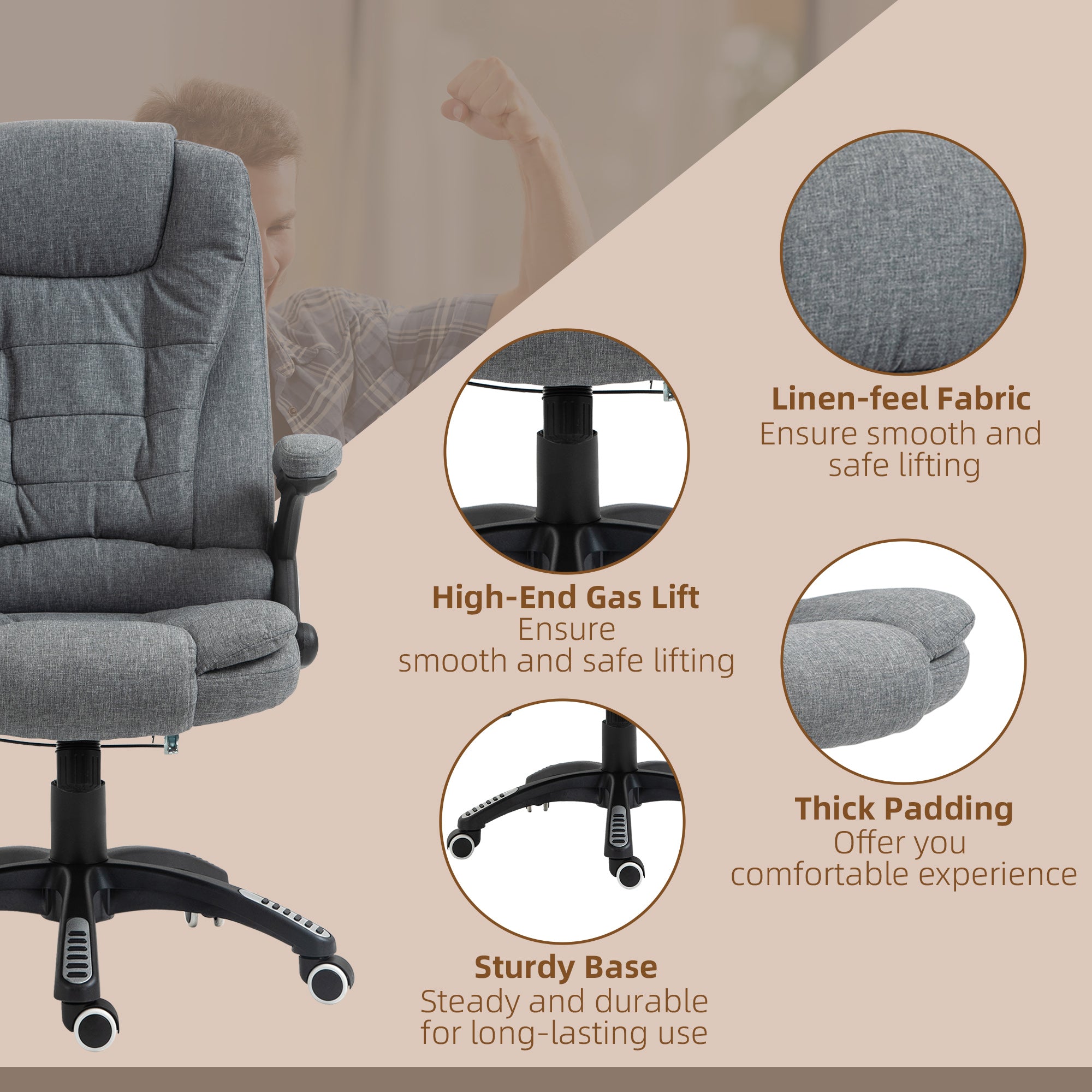 6-Point Vibrating Massage Executive Office Chair - Grey Linen-Office Products > Office Furniture > Office Chairs > Massage Chairs-DECOROLALA