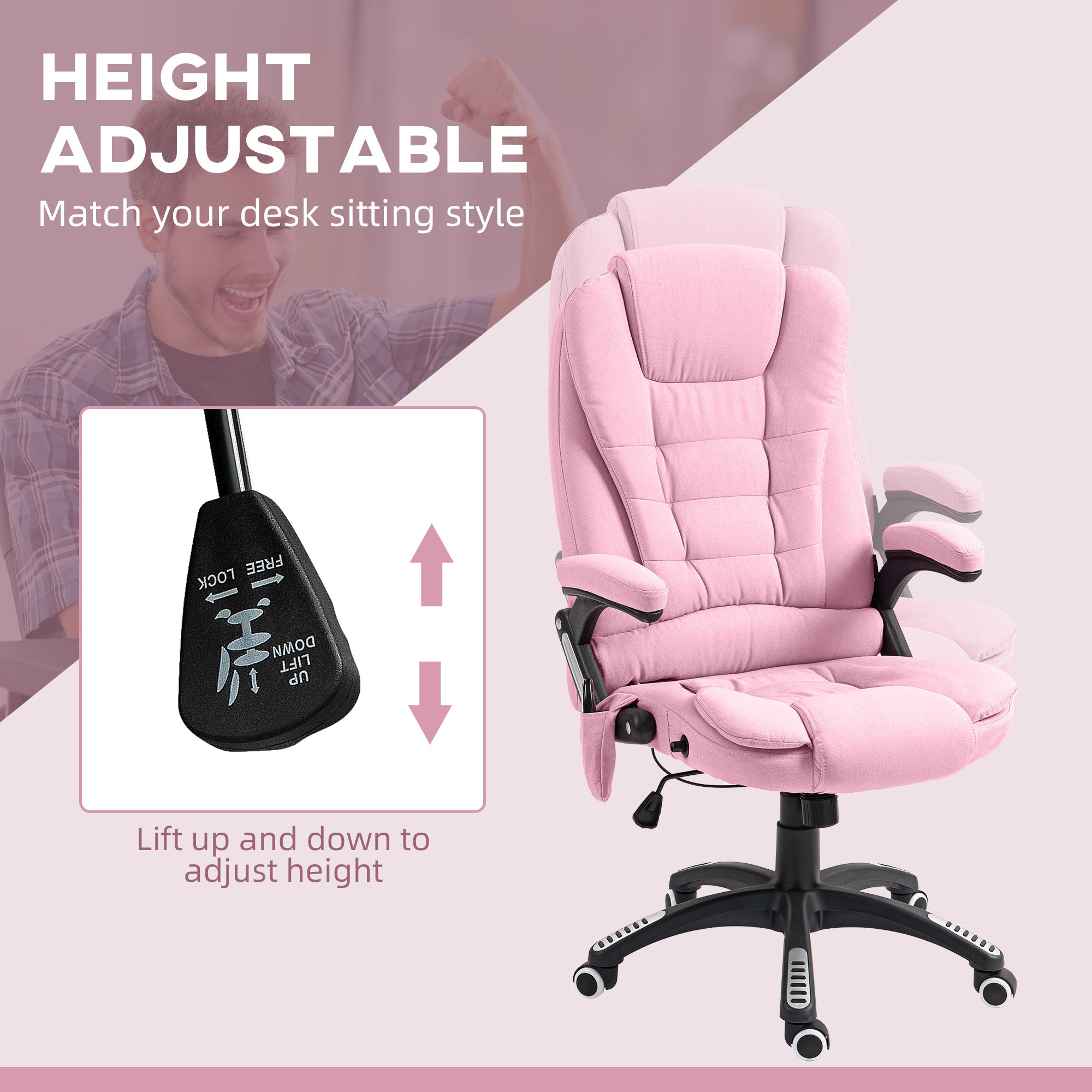6 Point Vibrating Massage Office Chair - Pink Linen Reclining-DECOROLALA
