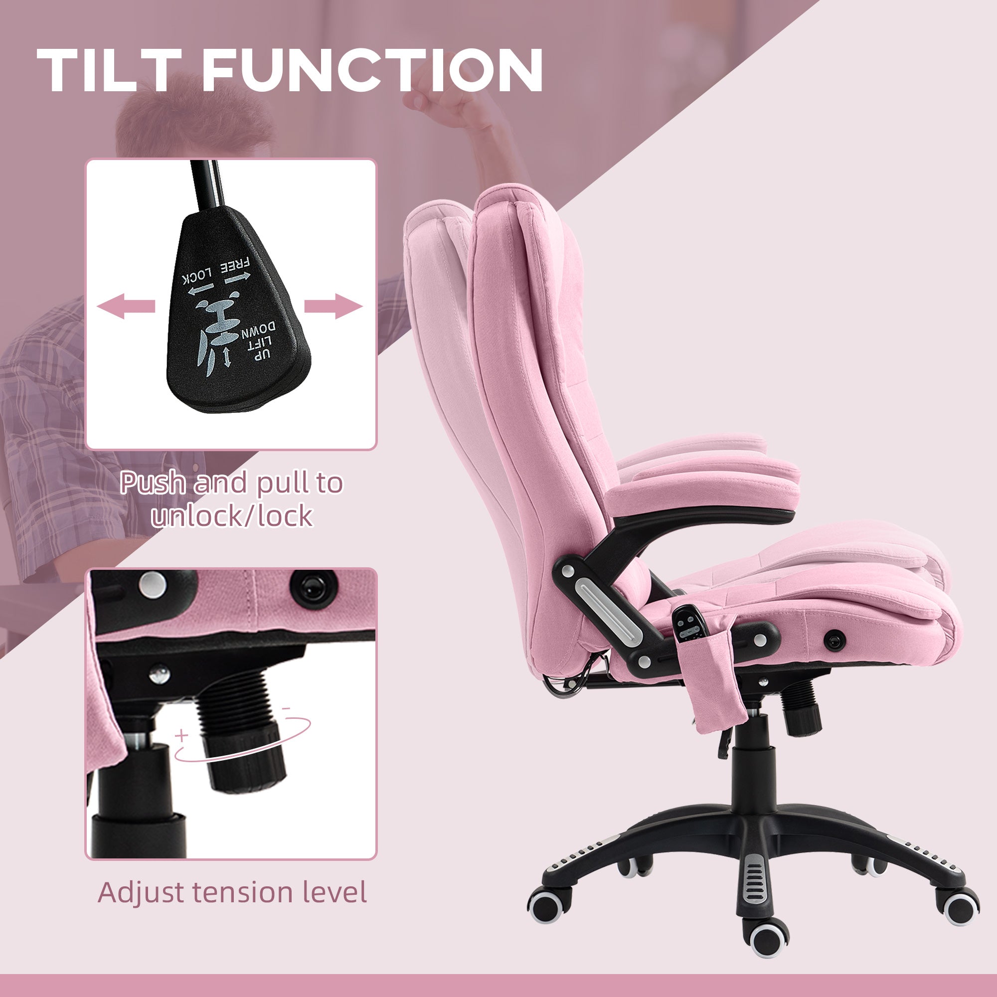 6 Point Vibrating Massage Office Chair - Pink Linen Reclining-DECOROLALA