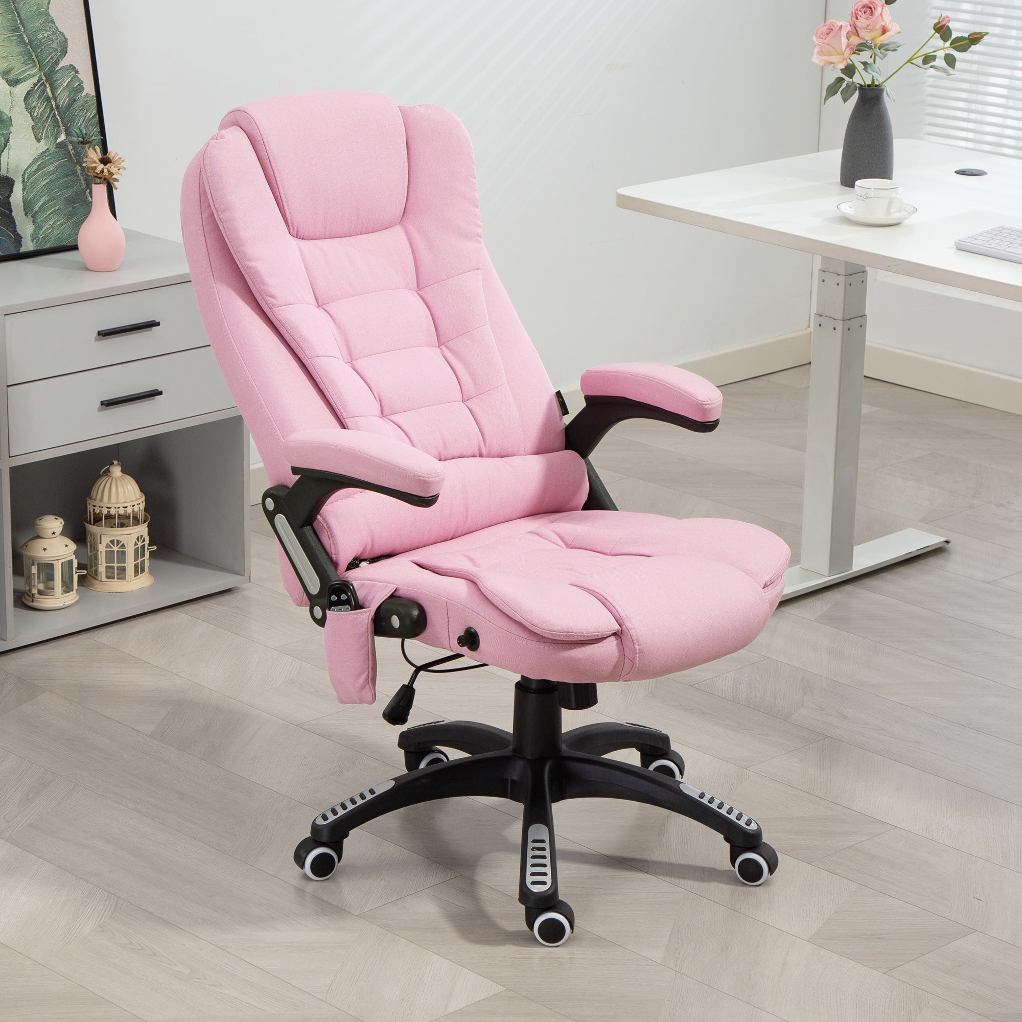 6 Point Vibrating Massage Office Chair - Pink Linen Reclining-DECOROLALA